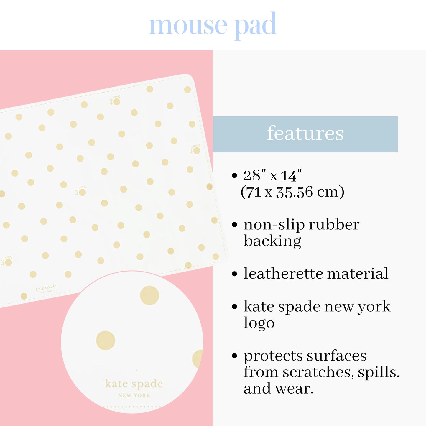 Kate Spade New York Decorative Desk Pad, Vegan Leather Keyboard and Mouse Pad for Desktop, Gold Dot with Script