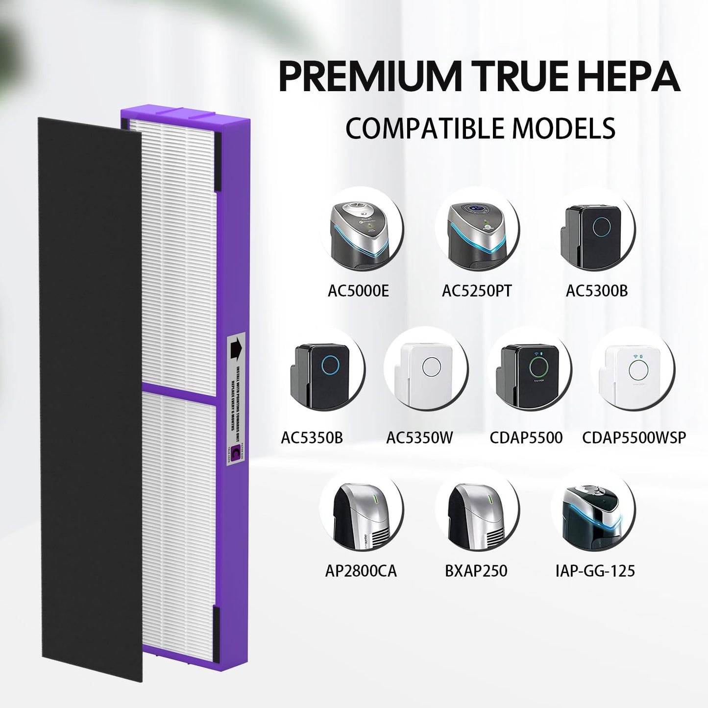 FLT5250PT True HEPA Replacement Filter Compatible with G-guardian Air Purifier Filter C Pet AC5250PT AC5000E AC5300B AC5350W AC5350B CDAP5500, 2 True HEPA with 6 Carbon Pre-Filter