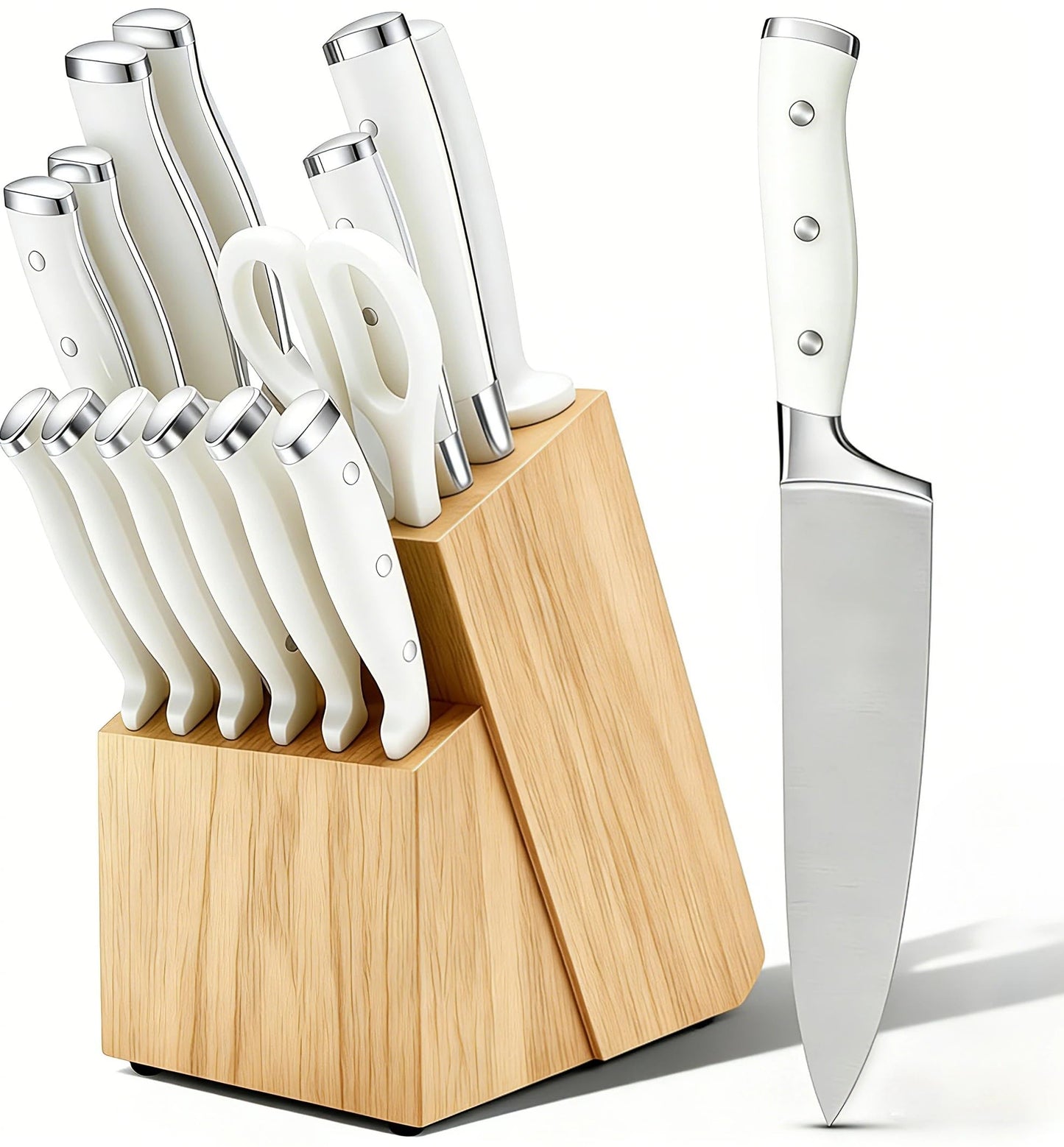 Knife Set, 15 Piece Premium Chef High Carbon Stainless Steel Kitchen Knife Block Set, Razor-sharp, Ergonomic Forged Triple Rivet Handle, Professional Knife Set for Kitchen, Dishwasher Safe(White)