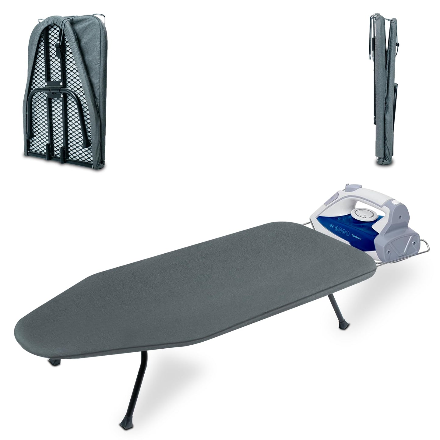 OXZOR Metal Mesh Panel Tabletop Ironing Board | Foldable Iron Board | Heavy Duty Small Iron Board with Heat Resistant Cover and 100% Cotton 8mm Thicken Pad (Grey)