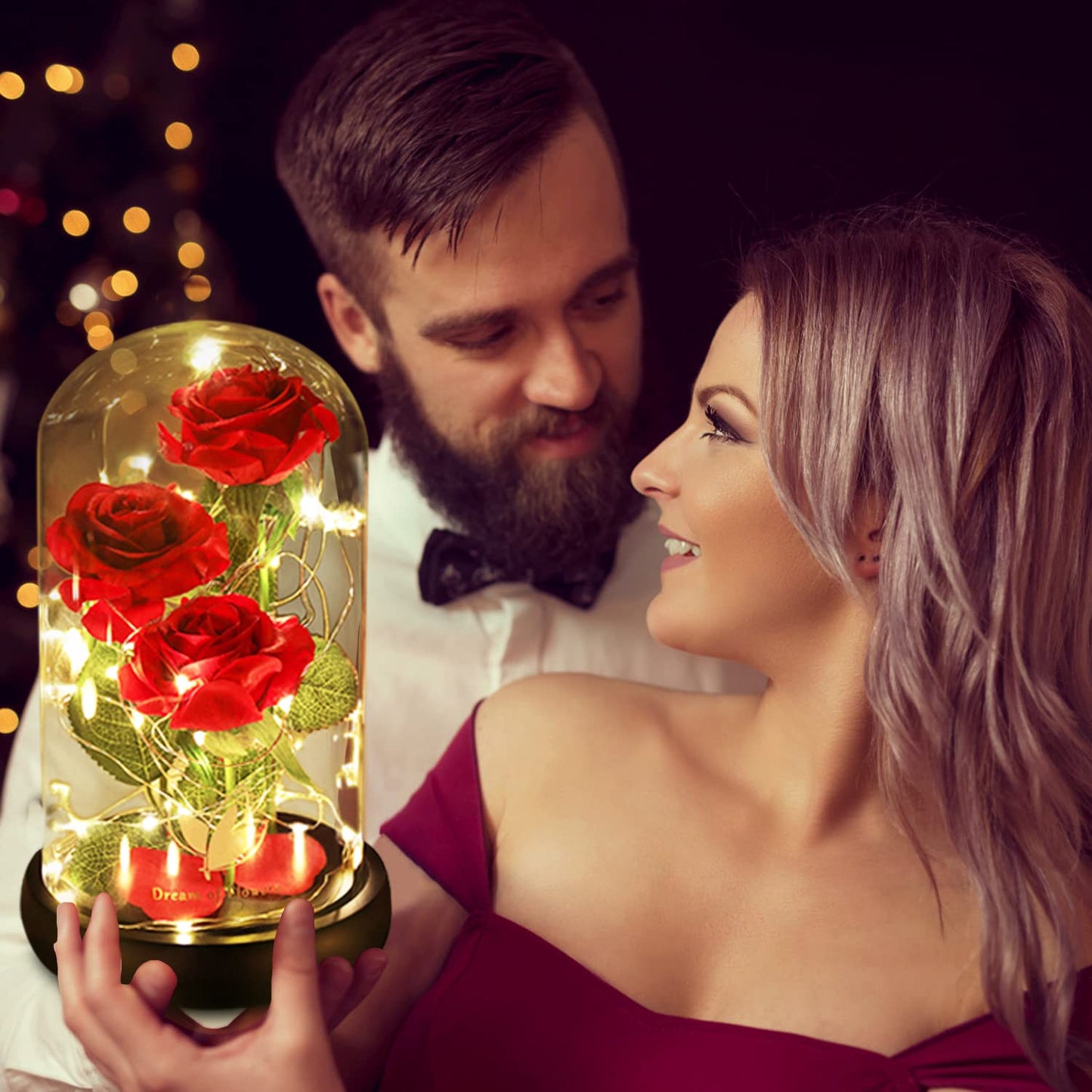 Women Gift Idea Birthday,Unique Gifts for Mom,Beauty and The Beast Rose in Glass Dome With 2 Lights Mode, Birthday Gifts for girlfriend,Wife，Anniversary Red Silk Rose Flower Gifts for Women