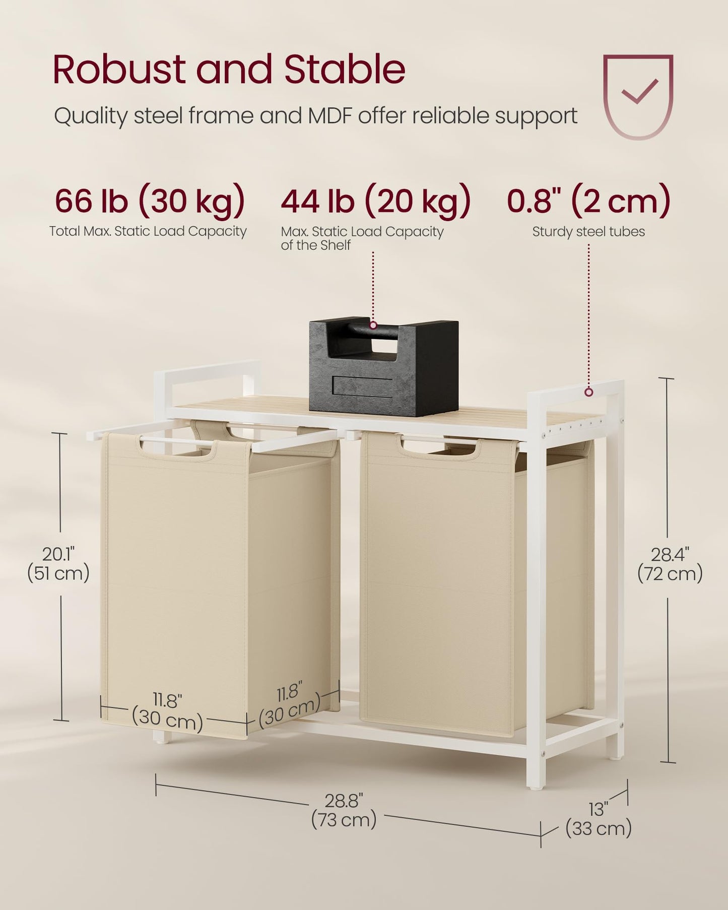 VASAGLE Laundry Hamper, Laundry Basket Sorter with 2 Pull-Out and Removable Bags, Shelf, Metal Frame, 2 x 12.1 Gallons (46 L), 28.8 x 13 x 28.4 Inches, Cappuccino Beige and Natural Beige UBLH201LH01