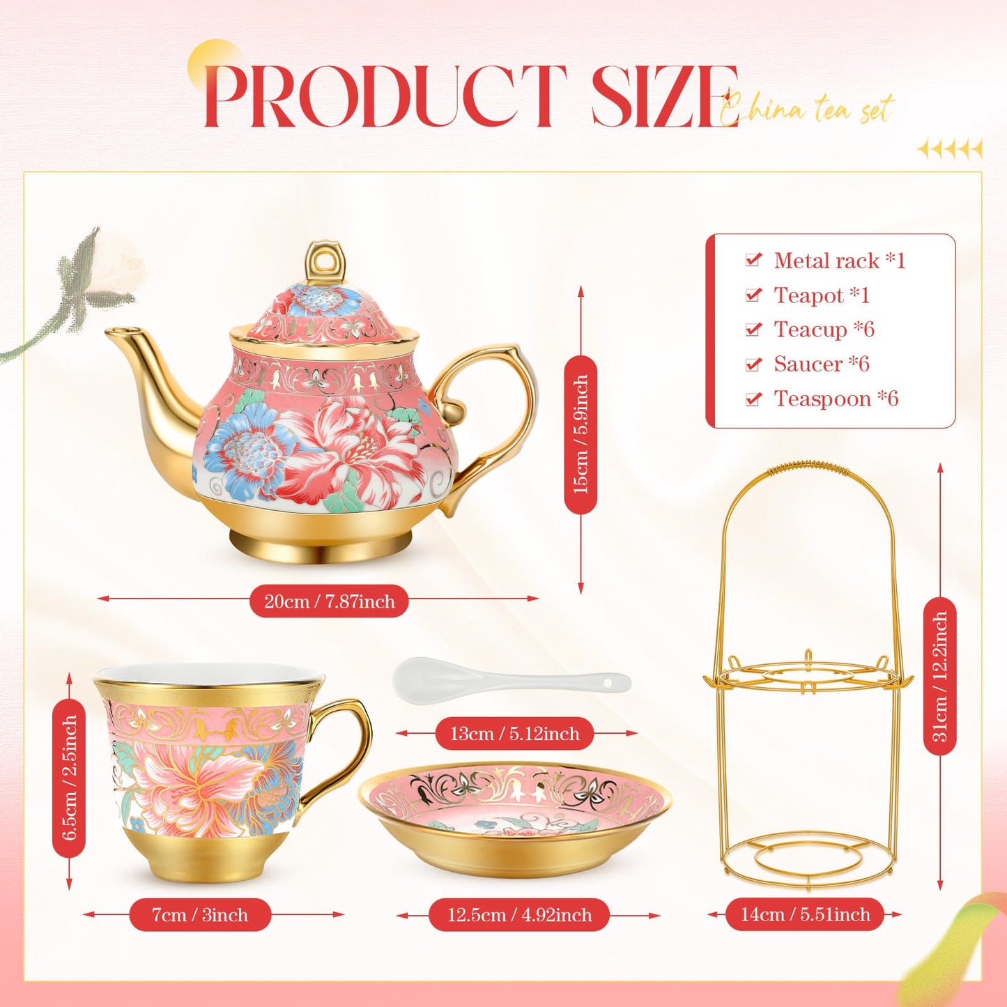 Gandeer 20 Pcs Porcelain Tea Set for Adults with Metal Holder and Spoon European Ceramic Tea Party Set Flower Painting Teapot Cup Saucer for Women Gift, Serving 6 People(Fresh)