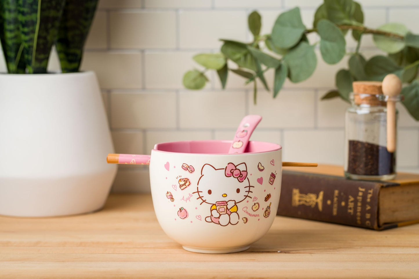 Silver Buffalo Sanrio Hello Kitty Apples and Cinnamon Ceramic Ramen Noodle Rice Bowl with Chopsticks and Spoon, Microwave Safe, 20 Ounces
