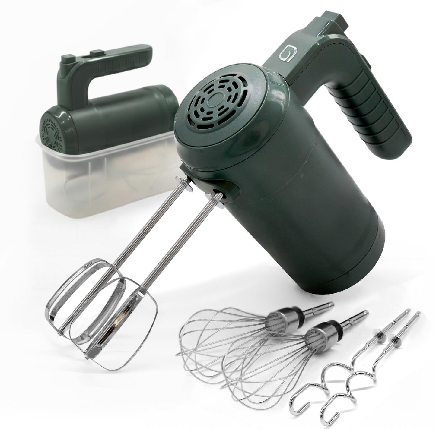 WILLOW Eco Series Electric Hand Mixer, 5 Speed Ultra Power Handheld Mixer with Stainless Steel Whisks, Beaters & Dough Hooks + Eject Button, 350W Kitchen Mixer with Snap-On Storage Case - GREEN