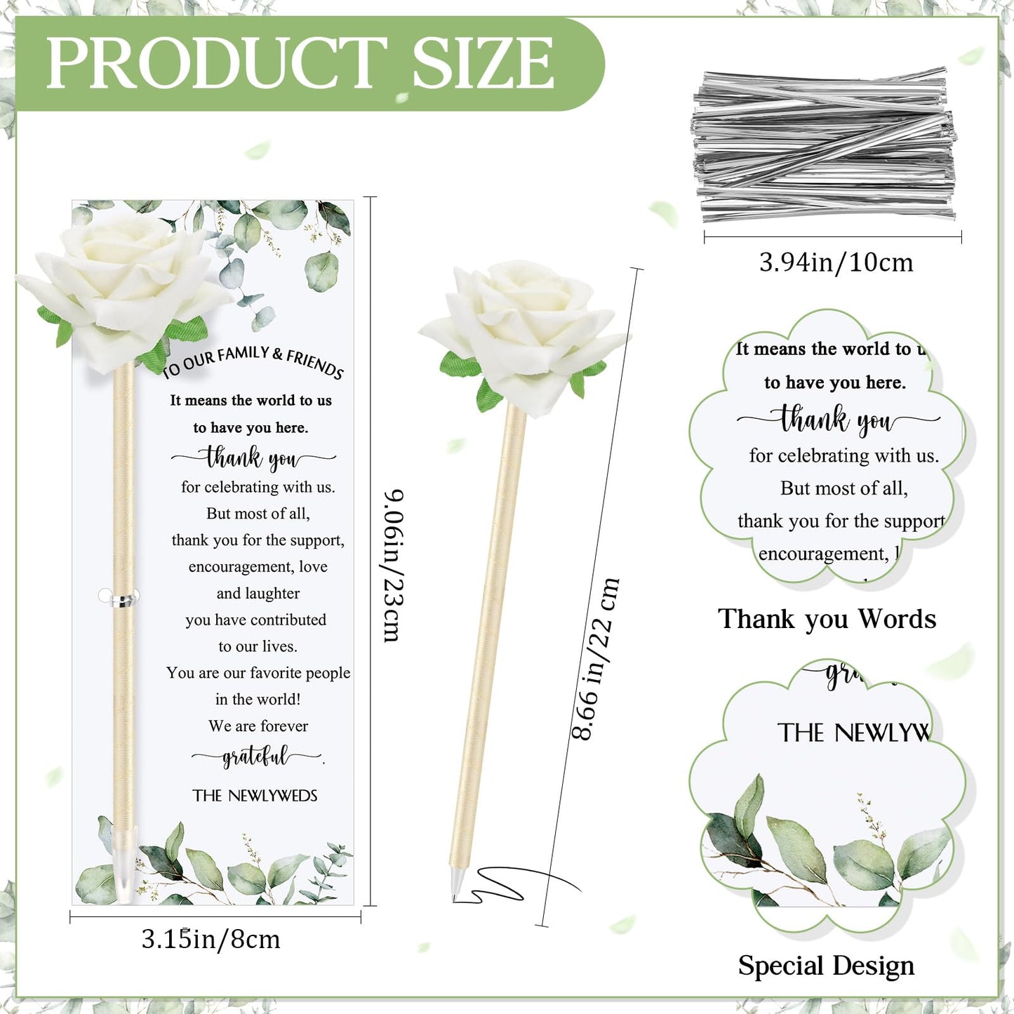 Spakon 36 Set Wedding Favors Pens for Guests Bulk - Bridal Shower Artificial Rose Flower Pen Thank You Cards with Twine Ballpoint Pen Black Ink for Wedding Games Office Proposal Gift(Cute Style)