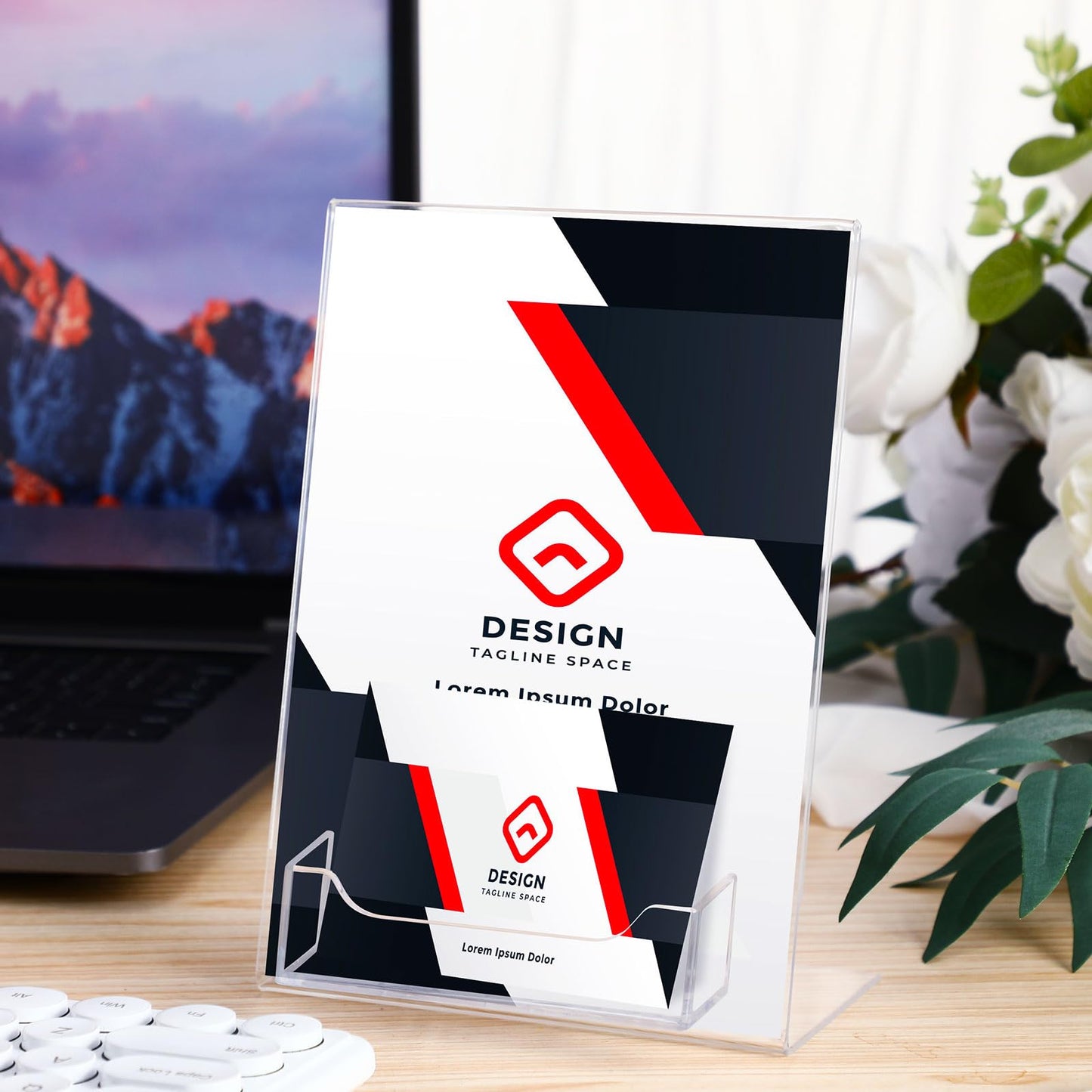 Crtiin 6 Pcs Acrylic Slanted Sign Holder with Business Card Holders Clear Display Stand Flyer Stand with Gift Card Holder for Office Table Advertisement Brochure (5 x 7 Inch,Side Insert)
