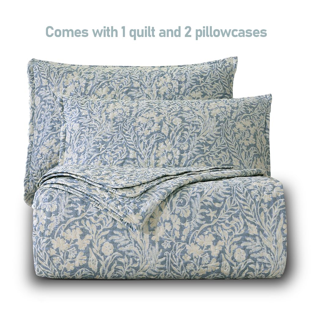 DURLENGEN Quilt Set California King Size 3Pcs,Bluish Grey Printed with Beige Leaves Pattern,Soft Microfiber Lightweight Bedspread for All Season Layering(112x104,Beige Botanical)