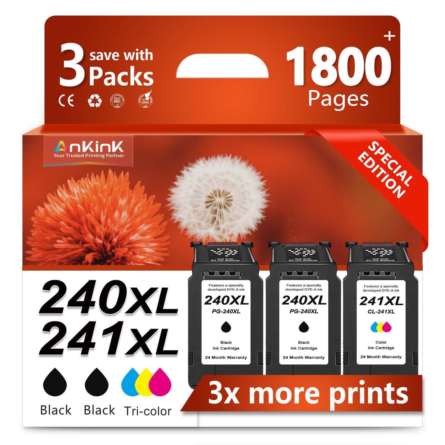 240 241 Ink Cartridge Replacement for Canon 240XL 241XL PG-240 CL-241 XL Cartridges Combo Pack (2 Black, 1 Tri-Color) for MG3600 MG3620 TS5120 TS5100 MG3220 MG3520 MG2120 MX452 MX512 MX532 Printer