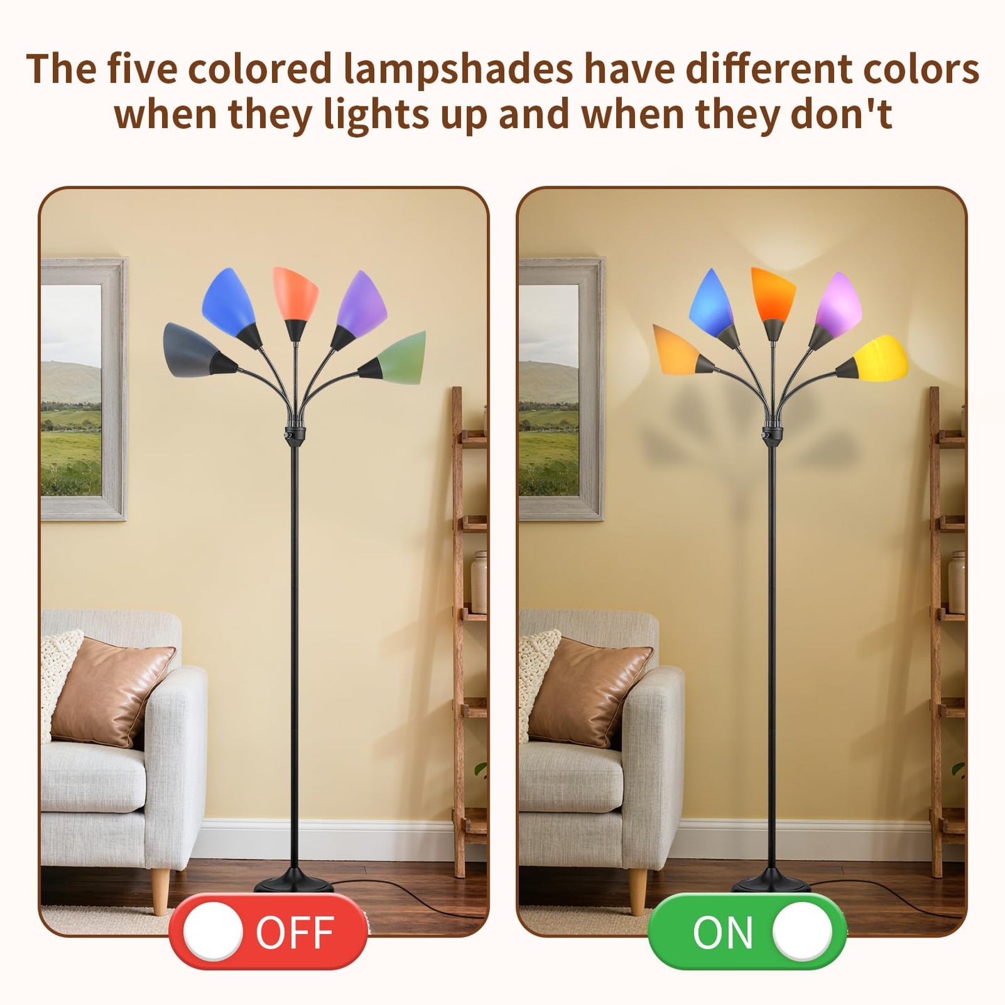 lianheng Medusa Floor Lamp, Multi Head 5 Light Floor Lamp for Bedroom with 10 Lampshade, Adjustable Neck Reading Standing Lamp for Living Room,Office,Kids,Classroom (Black)