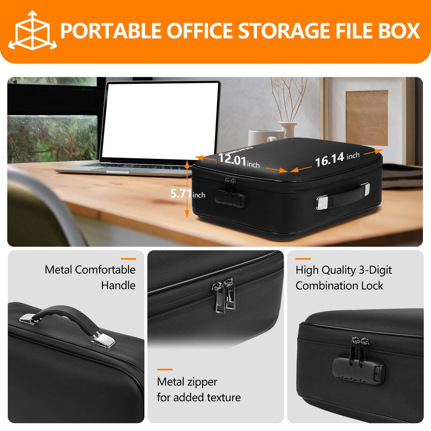 OUKMIC Fireproof Document Box with Lock, Hard Case Portable Water Resistant File Organizer, 16" x 12"x 6" Home Travel Office Safe Storage for Important Documents, Passports, Laptop, Black