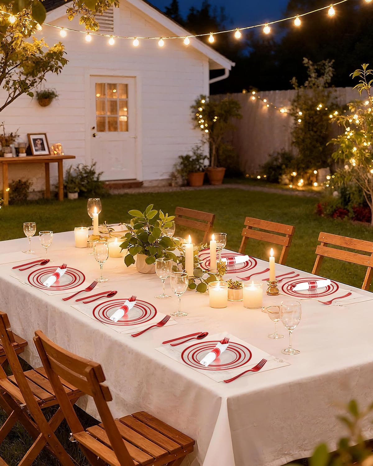 Goodluck 350 Pcs Red Plastic Plates, Clear Plastic Silverware Disposable Plates Set, Include 100 Plates, 50 Pack Pre Rolled Napkins with Silverware, 50 Cups for Party, Christmas, Graduation, Wedding