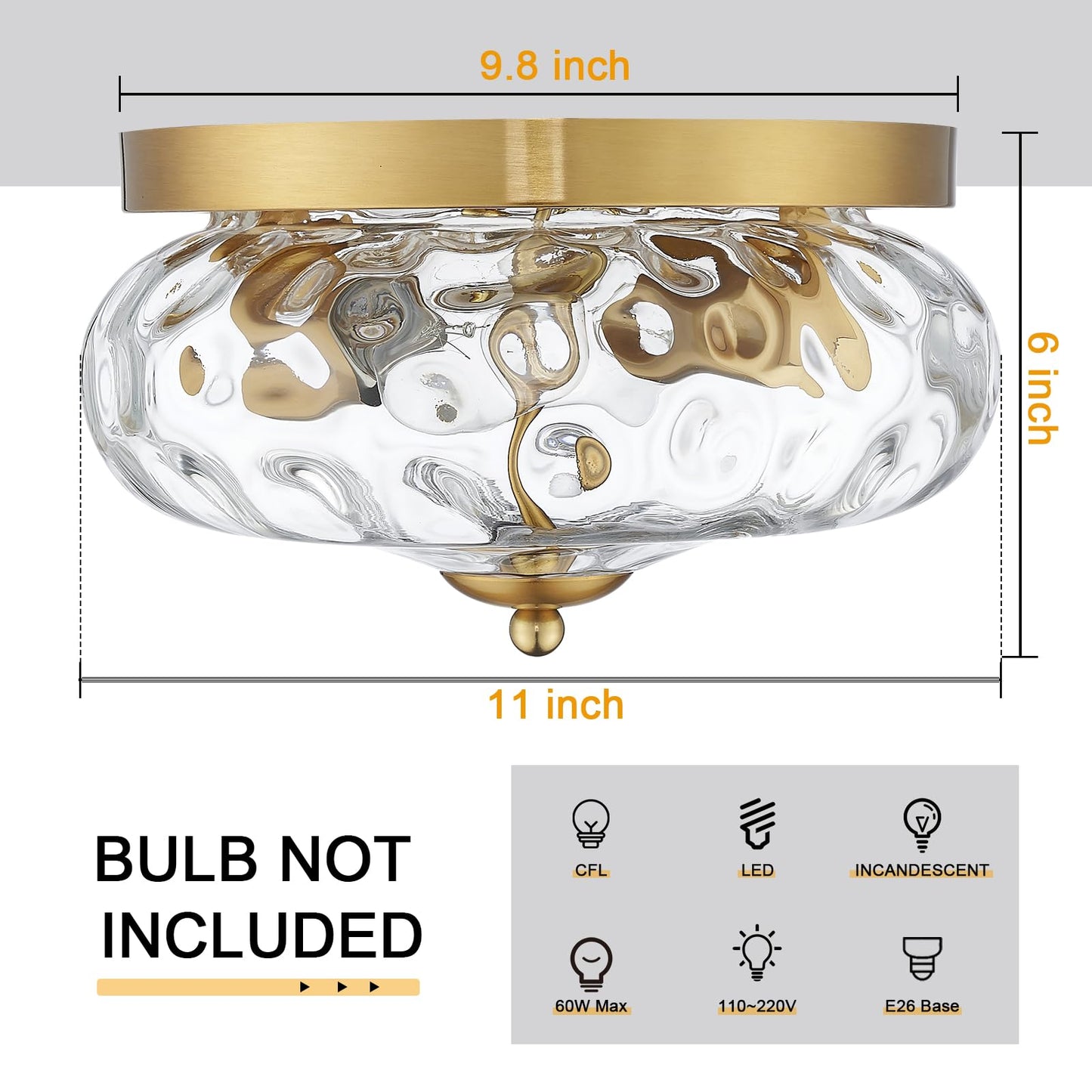 Darkaway Ceiling Light Fixtures Flush Mount Indoor Outdoor Ceiling Light with Water Ripple Glass Shade for Hallway Kitchen Bedroom Porch Living Room Gold Finish