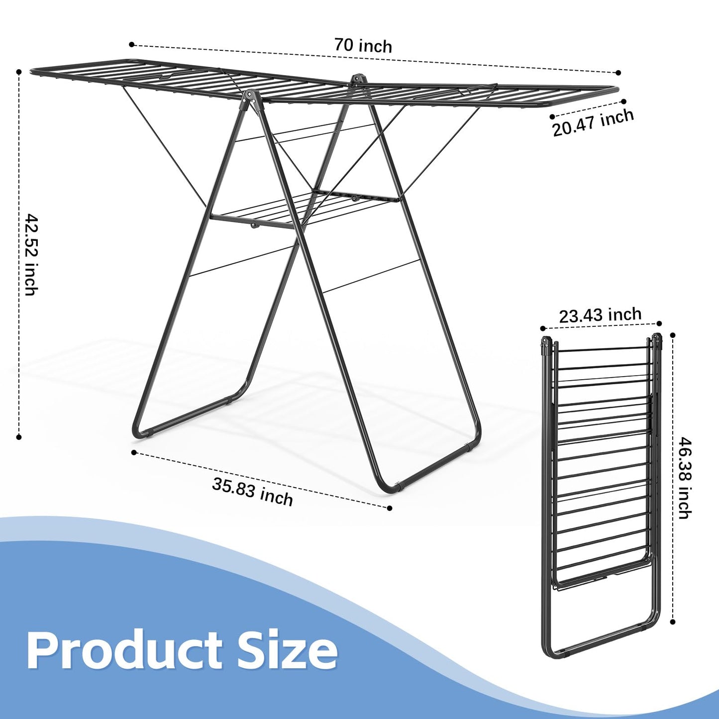 KINGBOARD Clothes Drying Rack Foldable, Drying Rack Clothing with Height-Adjustable, Metal Laundry Rack, Indoor Outdoor Use, No Assembly, 20.47"x 70"x 42.52", Black
