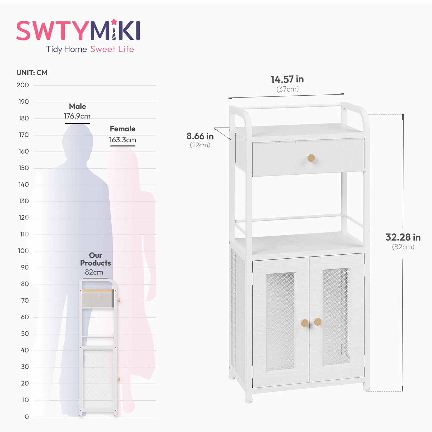 SWTYMIKI 14.57"x32.28" Bathroom Storage Cabinet – Freestanding Toilet Paper Storage with Doors & Drawer, Bathroom Organizers and Storage for Small Spaces, Laundry Room, Ideal for Towels, White