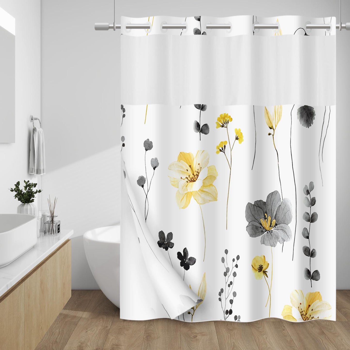 WITHLOC No Hook Shower Curtain with Snap in Liner - Floral Shower Curtain - Fabric Waterproof Inner Liner, Plants Watercolor Yellow Gray Modern Cloth Shower Curtains - Machine Washable, 71 x 74
