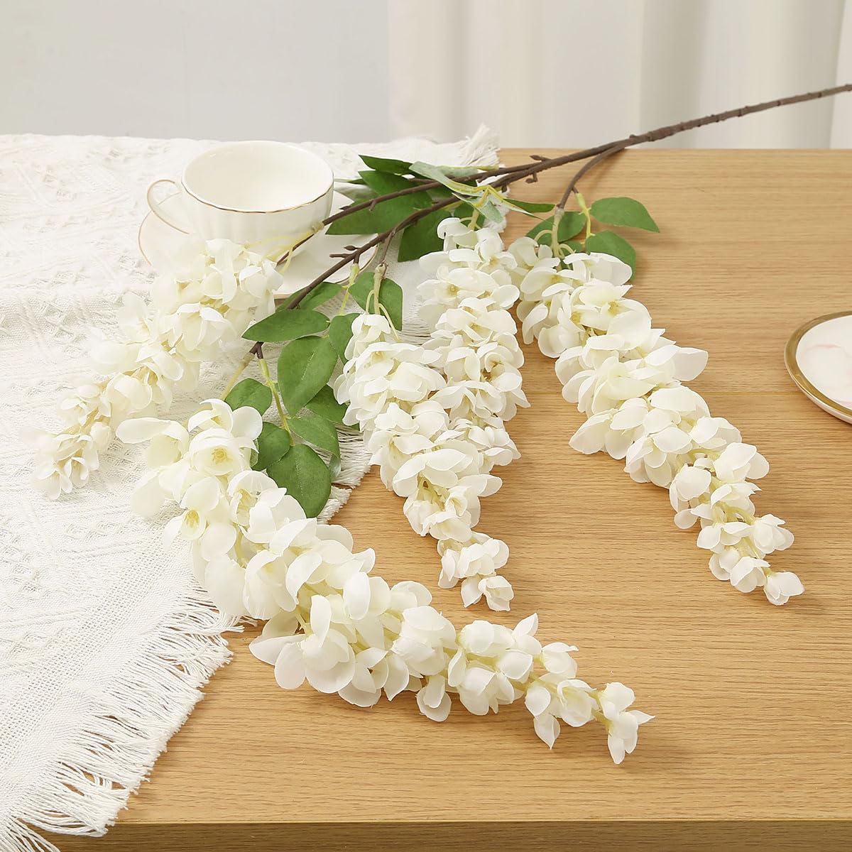 AROIUO 4pcs 47.2-inch Artificial Fake Wisteria Hanging Flower Garland Silk Flower String Home Party Decoration White Blue Pink Purple (White)