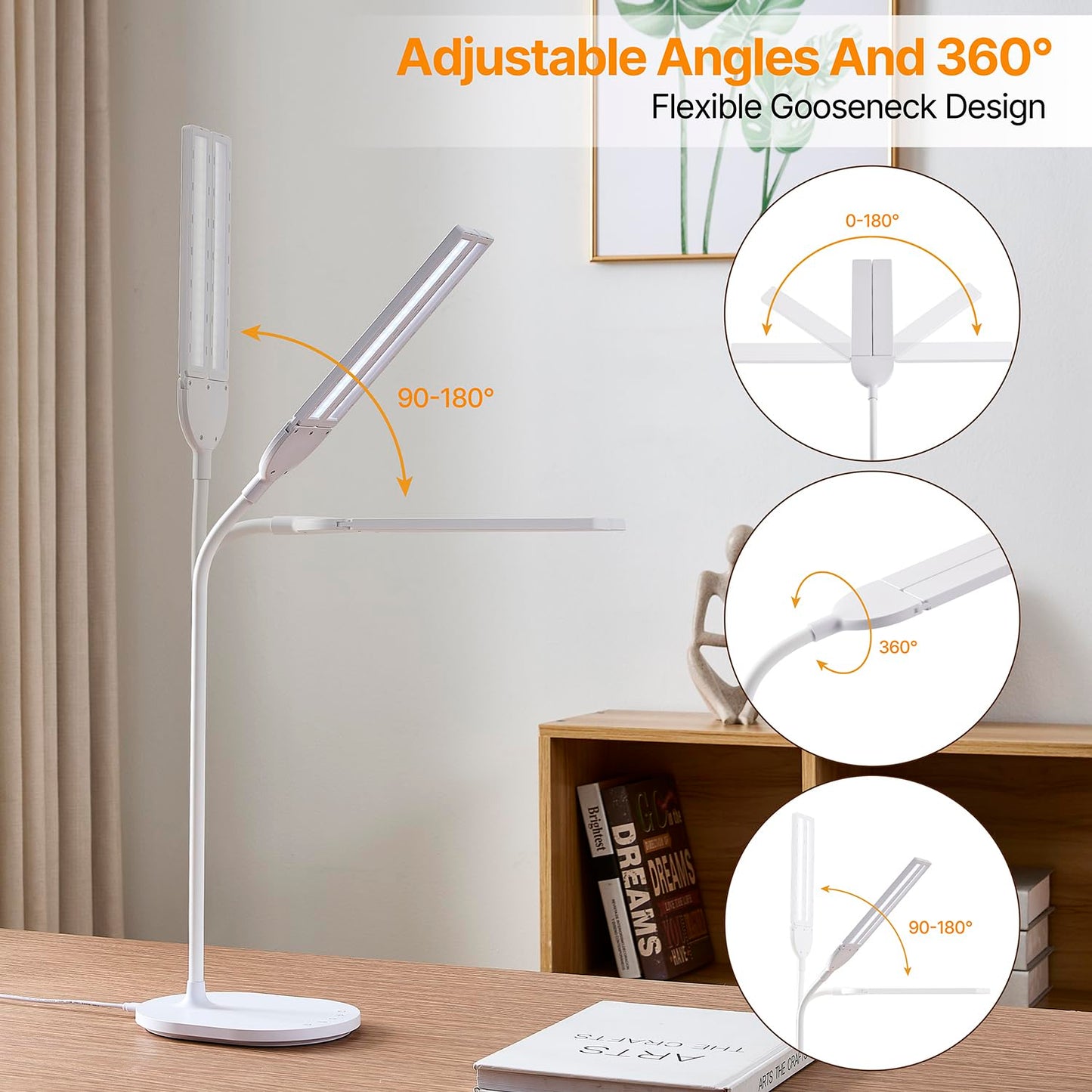 Donnitec LED Desk Lamp for Home Office, Ultra-Wide Double Head Desk Light with 90° Flexible Gooseneck, Eye-Caring Low Blue Light, 5 Color Modes (2700K-6500K) & 5 Brightness Levels, Touch Control