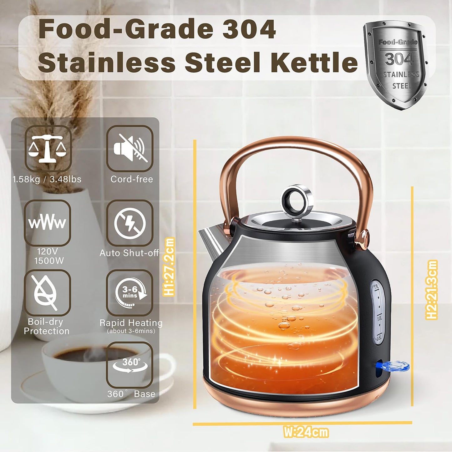 NESSGRAIM Retro Electric Kettle, 1.7L Stainless Steel Tea Kettle with Large Temperature Gauge, 1500W Fast Heating Hot Water Boiler with LED Indicator, Auto Shut-off & Boil-Dry Protection-Reteo Black