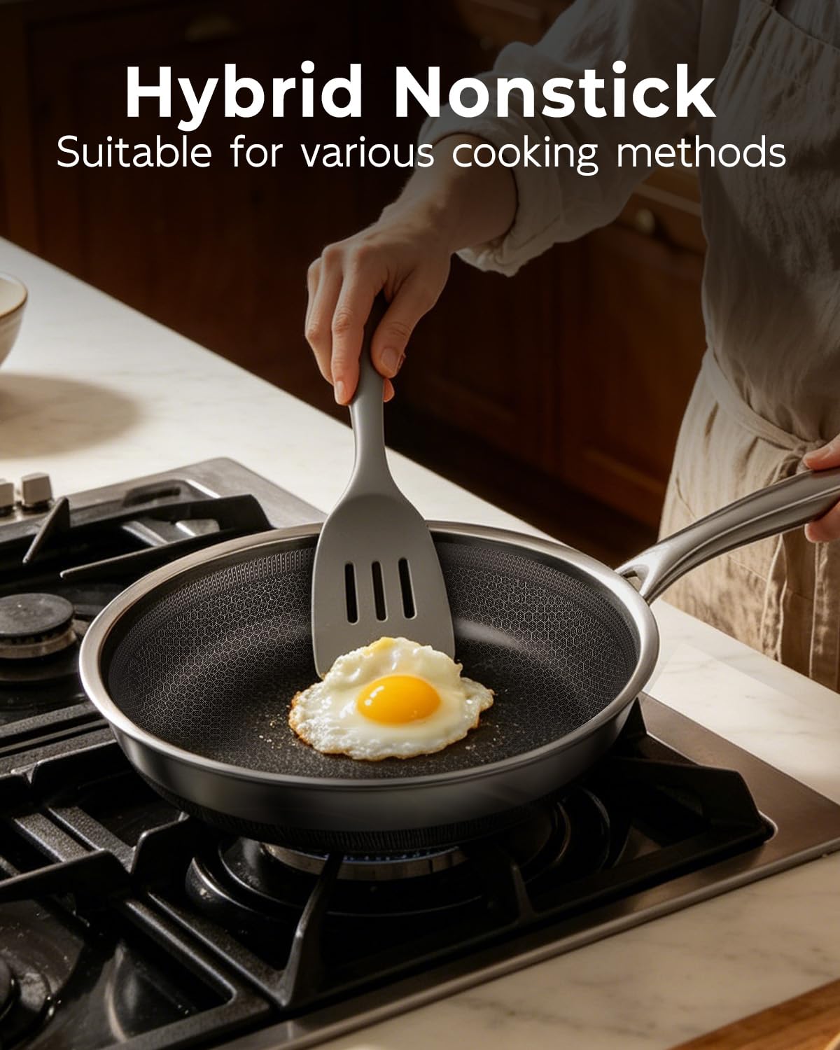 FogDream 8 Inch Nonstick Frying Pan with Lid, Honeycomb Hybrid Stainless Steel Skillet, Tri-Ply Induction Compatible, Non Toxic Frying Pan, Oven Safe, Dishwasher Safe, Silver
