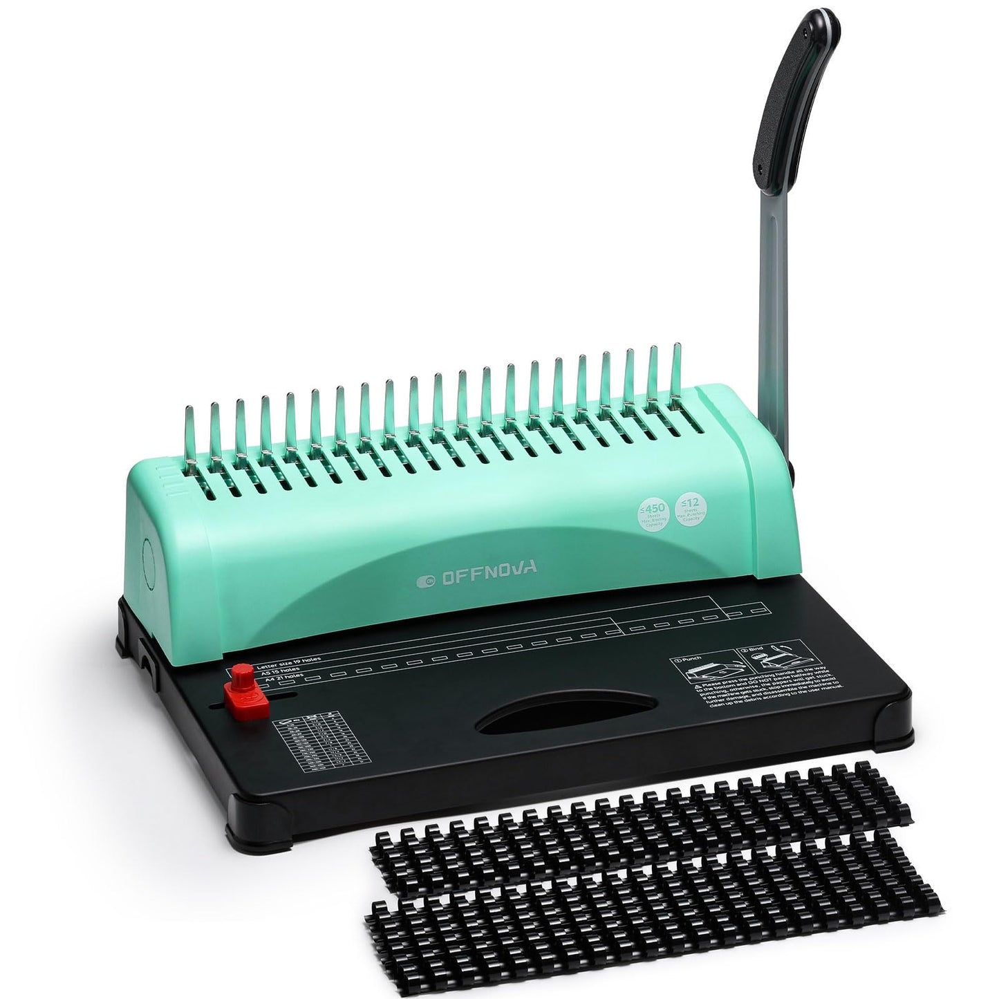 OFFNOVA Binding Machine, 21-Hole 450 Sheets Paper Comb Punch Binder Machine for Letter Size / A4 / A5 Paper, Easy to Punch Handle, Adjustable Margin