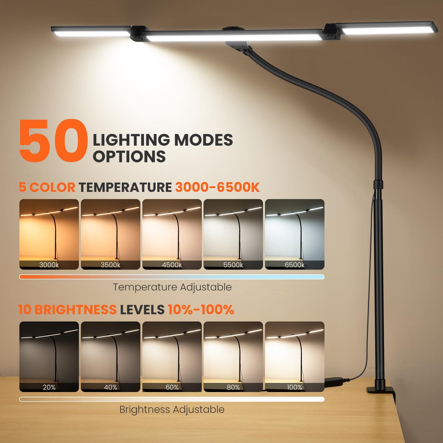 LED Desk Lamp for Office Home, 3 Head Adjustable Computer Monitor light Bar Stepless Dimming, Eye Caring Architect Desk Lamp Table Lamp Clip on Desk Light with Clamp for Reading Study Workbench Black