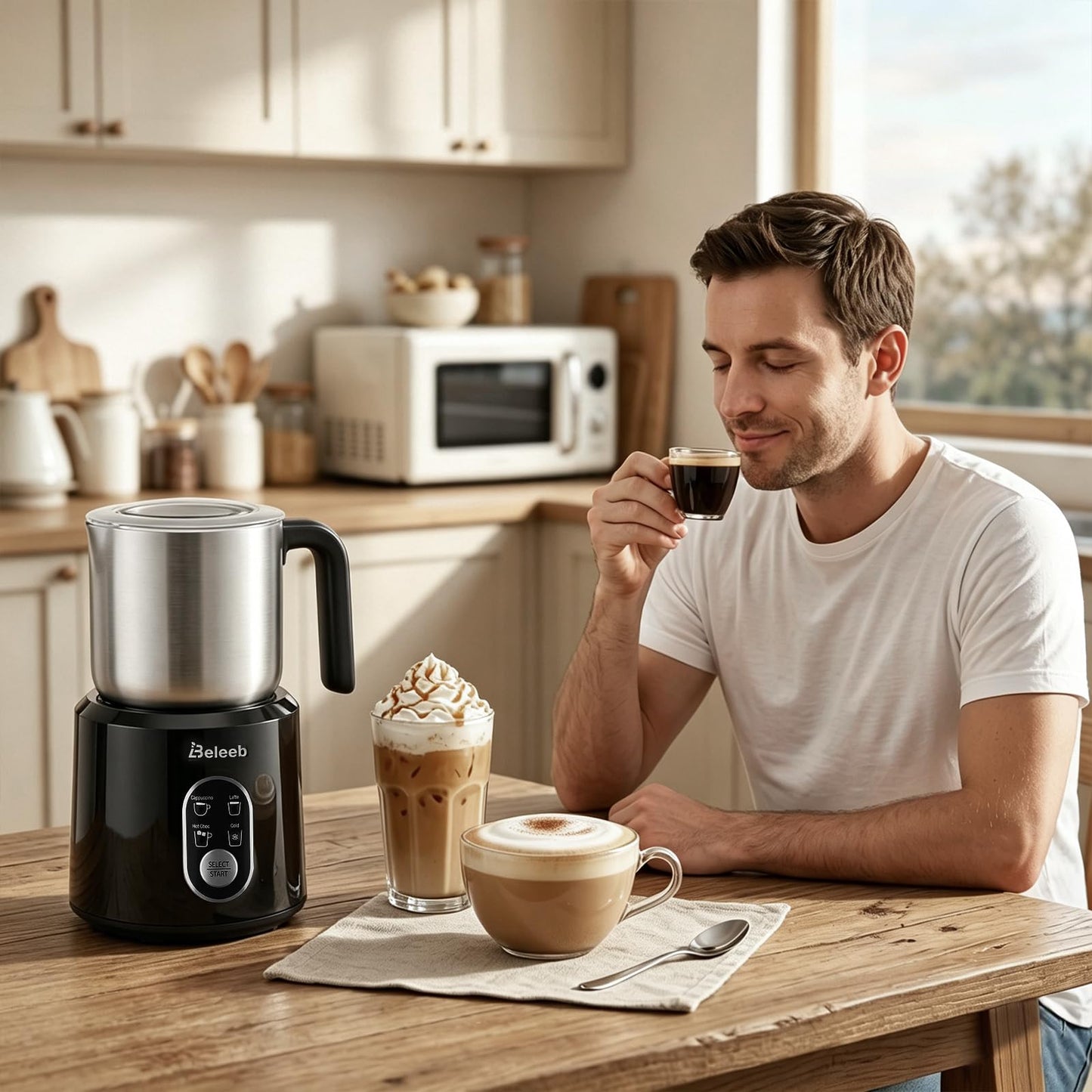 Beleeb Milk Frother, 4-in-1 Automatic Cold & Hot Electric Milk Frother and Steamer, 11.8oz/350ml Stainless Steel Milk Warmer, Quick and Easy for Effortlessly Making Cappuccino, Latte, Dishwasher Safe