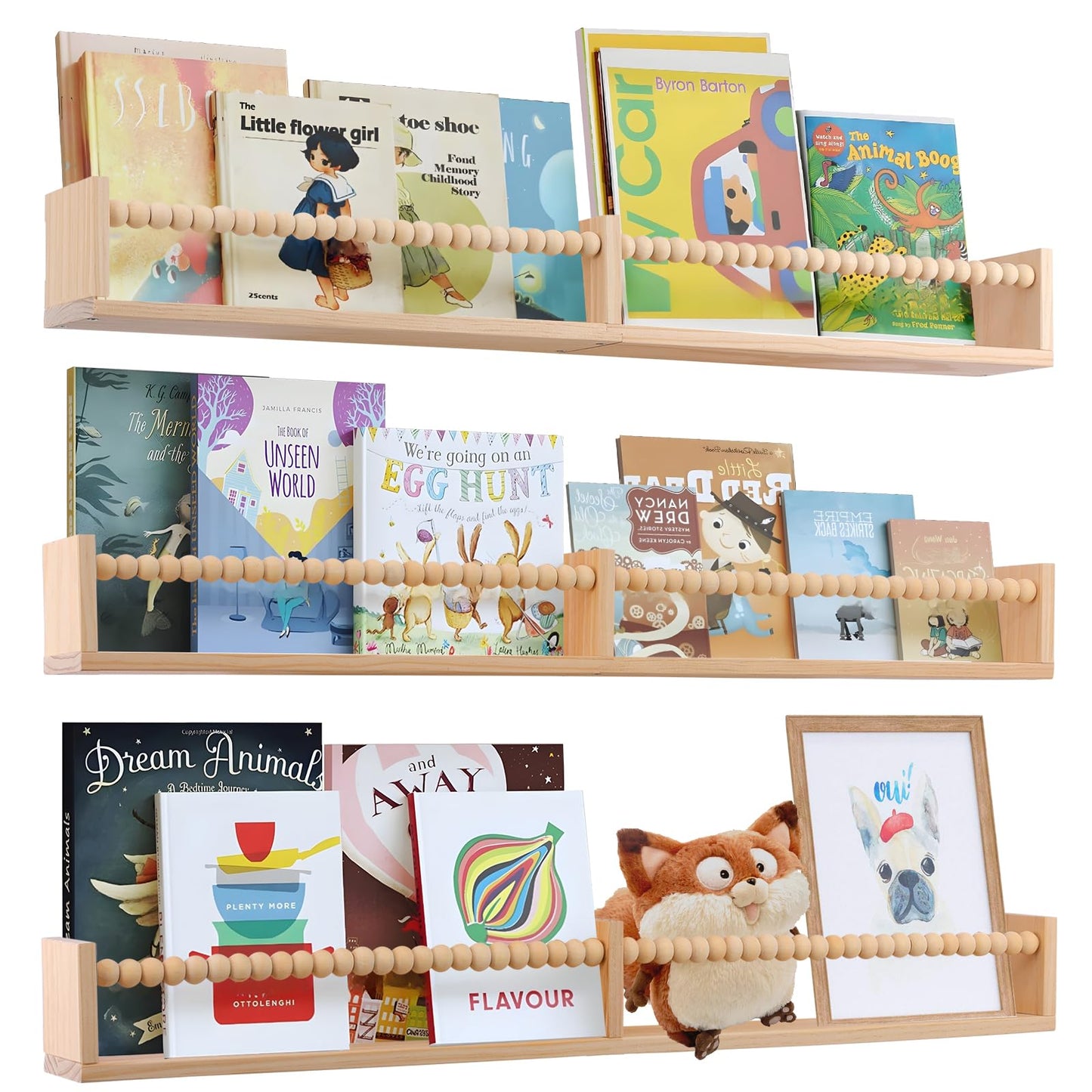 birola Nursery Book Shelves for Kids Rooms - 32 Inches Wall Book Shelves Set of 3, Space-Saving Nursery Shelves with Beads Design for Kids Room, Bedroom and Study Room(Natural)