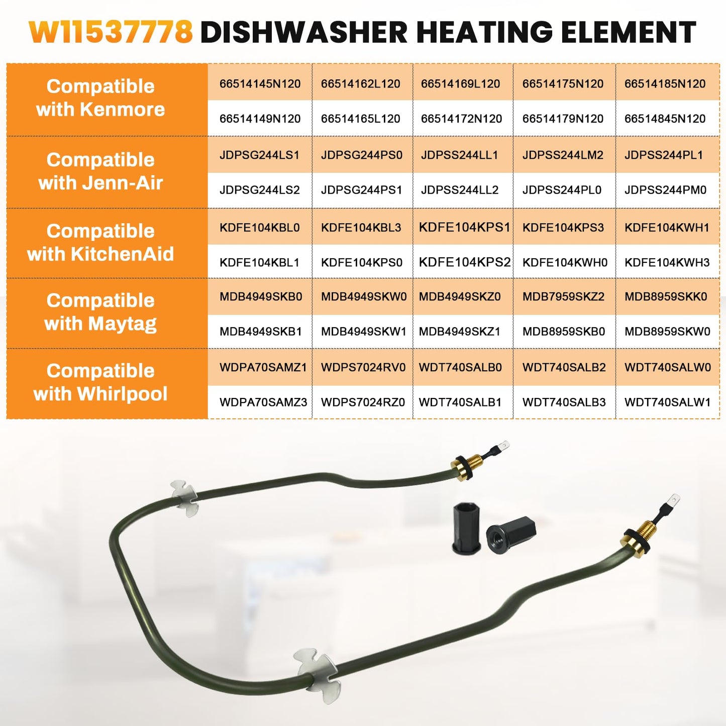 W11537778 Dishwasher Heating Element with W11538351 Terminal Nuts Replace W11537778 W11412298 W11536143 W11536777 W11537777 AP7014587 Compatible with Kenmore Jenn-Air KitchenAid Maytag Whirlpool