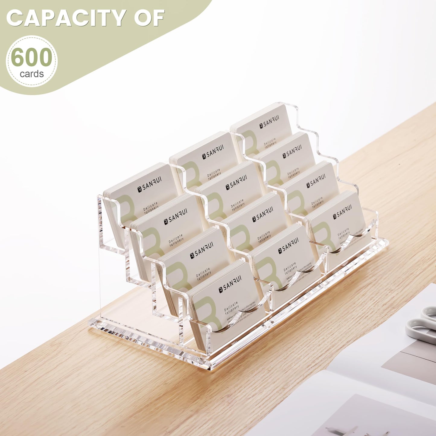 SANRUI Business Card Holder for Desk Clear Acrylic Business Card Holders, Business Card Display Stand 4 Tier 12 Slots