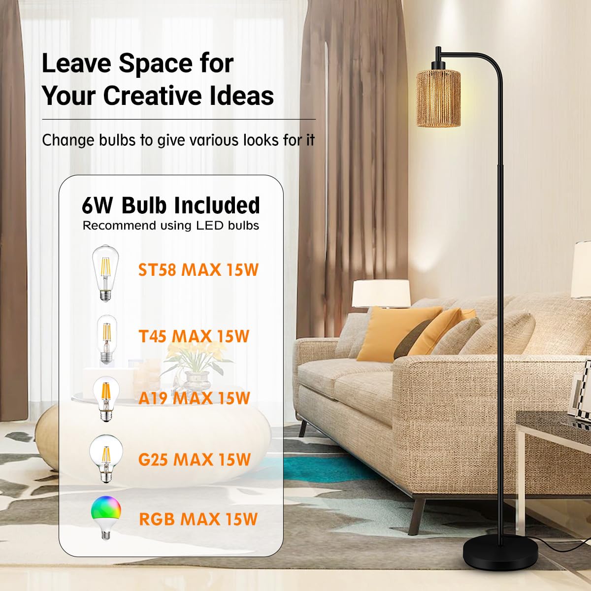 BoostArea Industrial Floor Lamp, Standing Lamp with Lampshade, 6W LED Bulb Included, Modern Floor Lamp with Foot Switch, Bright LED Lamp for Living Room and Bedroom, Office