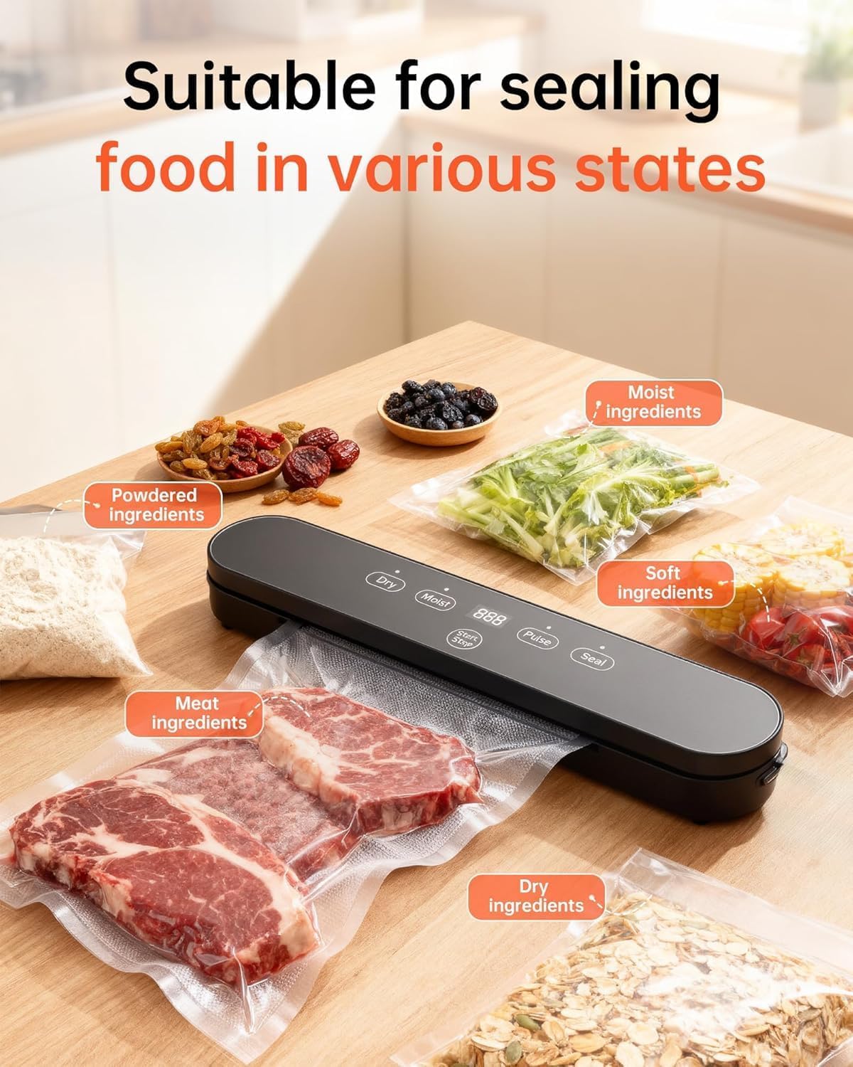 75kPa Vacuum Sealer Machine, Compact Vacuum Sealer for Food, 4-in-1 Food Sealer, Digital Timer, Moist/Dry, Pulse, Seal Modes, with 20 Vacuum Bags, Black