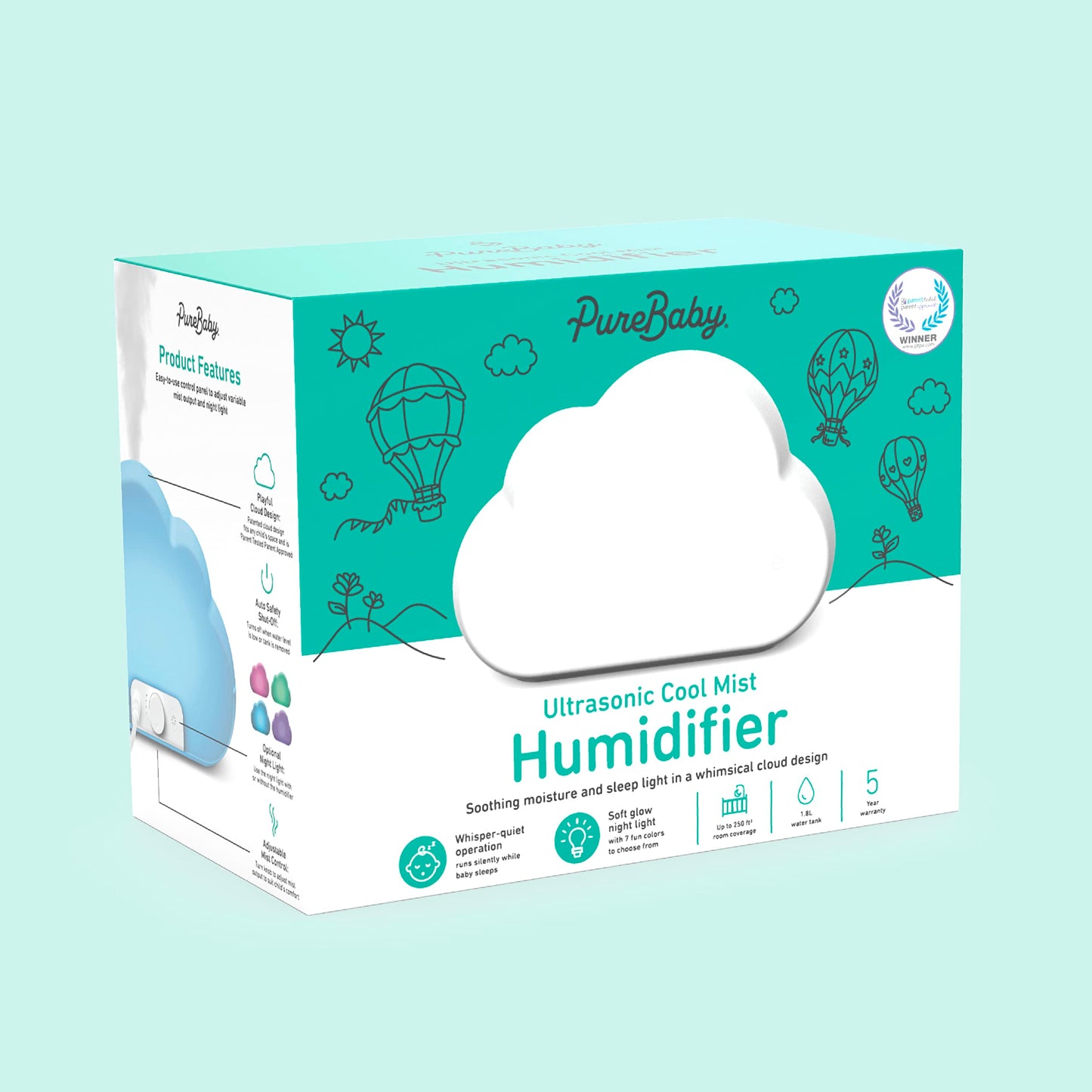 Pure Enrichment PureBaby Cloud Ultrasonic Cool Mist Humidifier Quiet Variable Mist for up to 24 Hrs Ideal for Baby Nurseries & Kids Bedrooms to Relieve Congestion Colds & Coughs, Night Light, BPA-Free