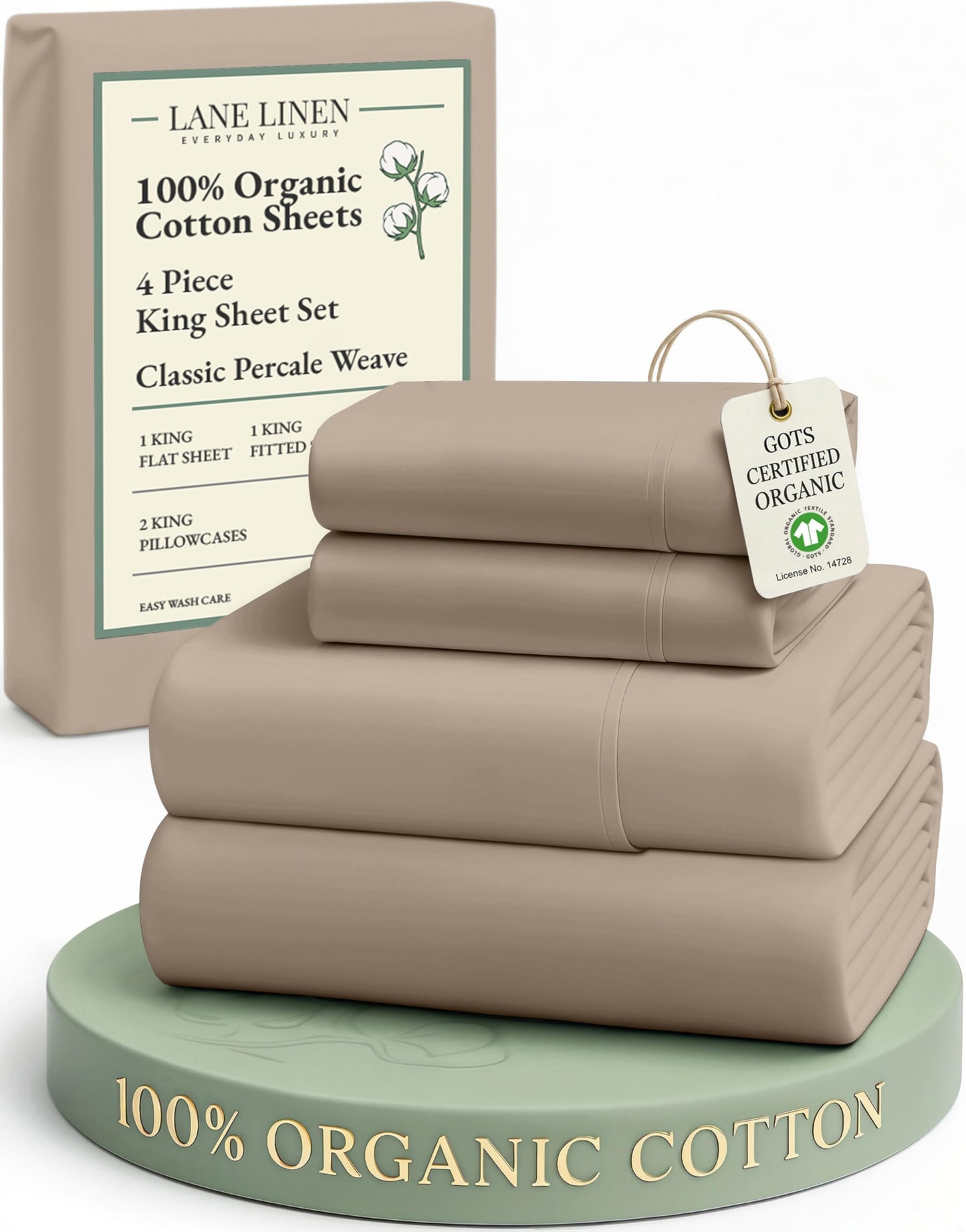 LANE LINEN 100% Organic Cotton Sheets Set, Long- Staple Percale Weave Ultra Soft Best- Bedding Sheets for Bed, GOTS Certified, Fits Mattress Upto 15inch Deep Pocket (King, Taupe)