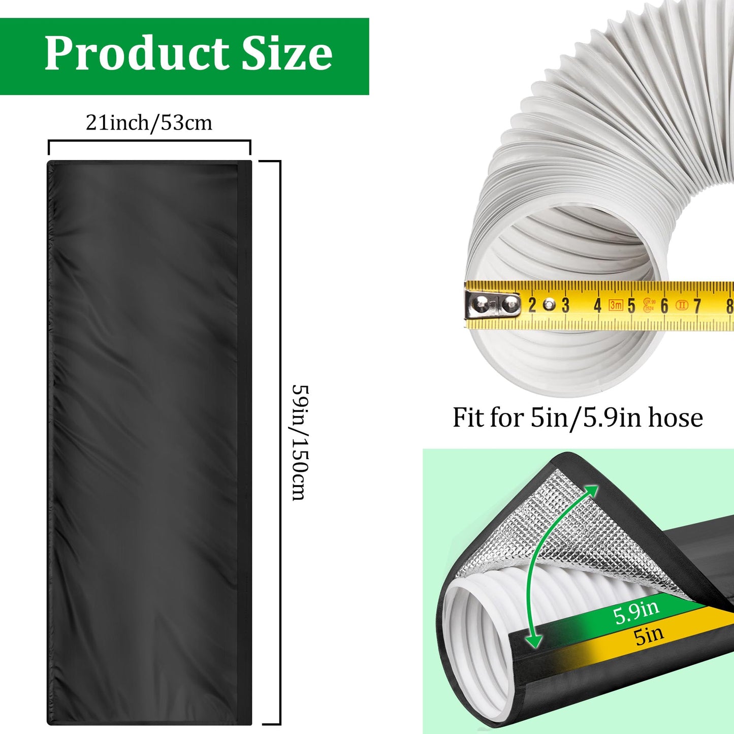 2 Packs Upgraded Portable AC Hose Insulation Sleeve, 3 Layers Insulated Air Conditioner Hose Cover Wrap with Aluminum Foil, Reduce Heat & Improve Cooling Efficiency, Fits 5" & 5.9" Exhaust Hose, Black