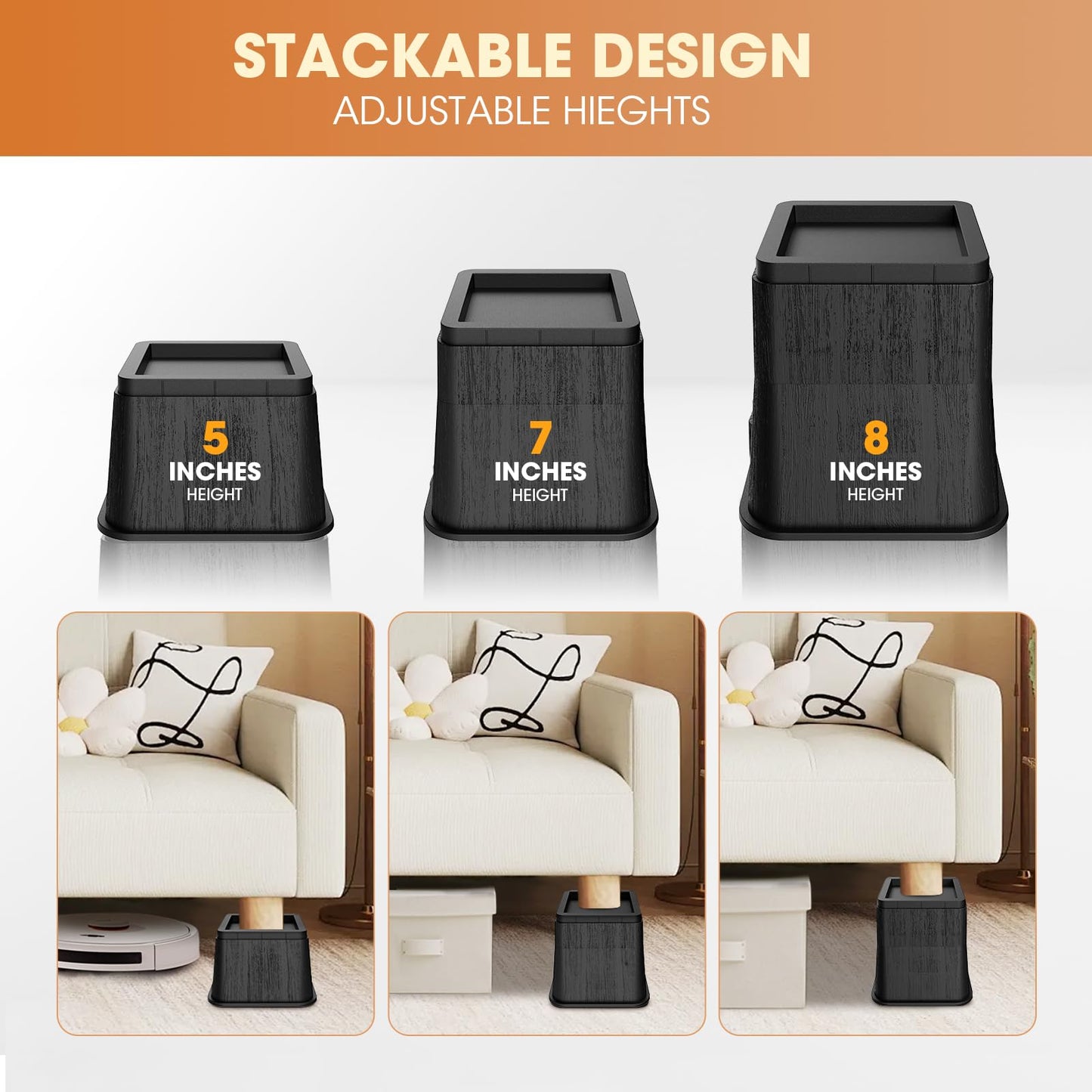 MYMULIKE Bed Risers 5 Inch, Oversized Fit Up to 5.5" Legs, Heavy Duty Support 6000lbs, Stackable Bed Raising Blocks Furniture Sturdy Bed Lifts for Couches, Tables, Desk(Black, 5 inch-4 Pack)