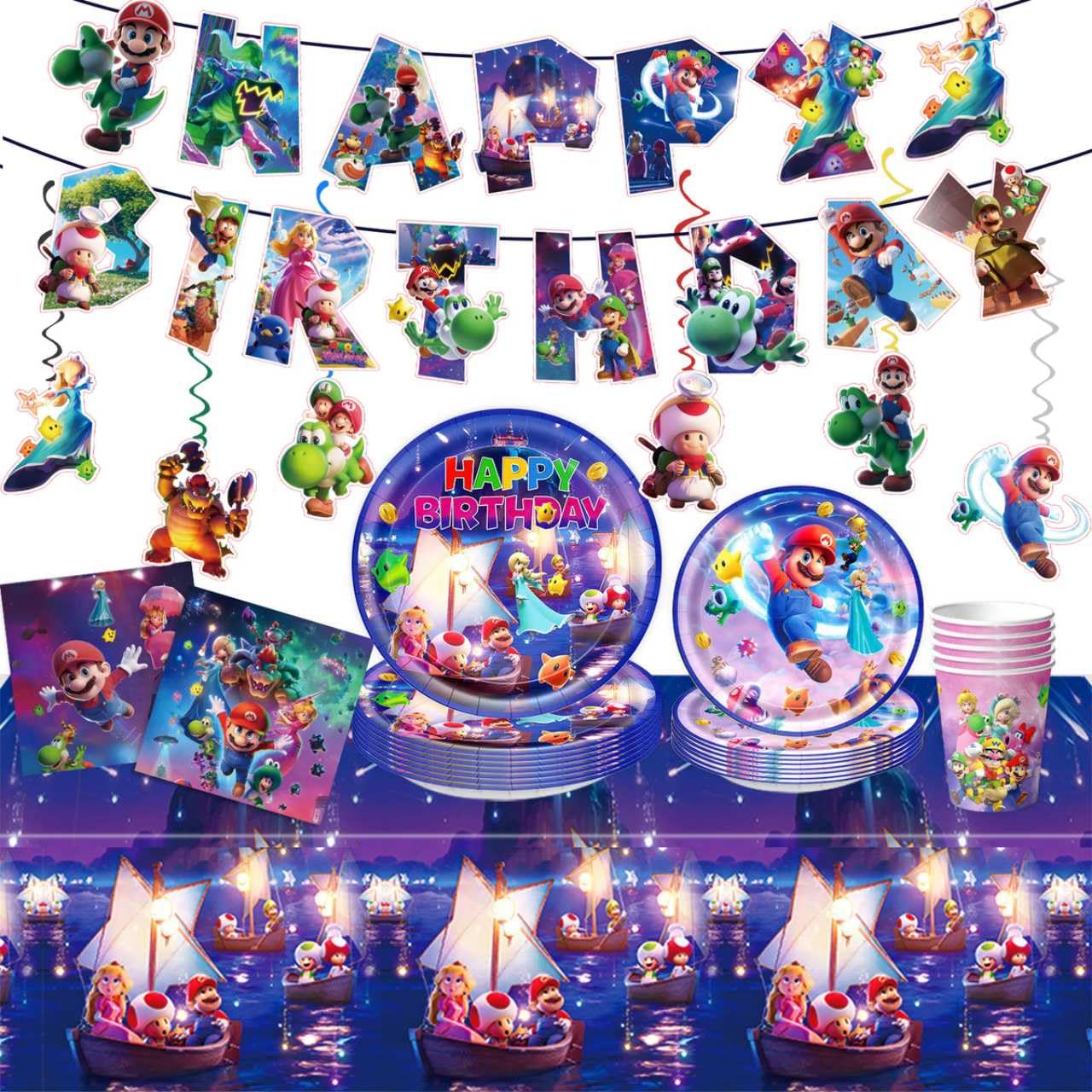 88PCS For Latest Mario Party Supplies: 6 Hanging Swirls, 20 Napkins, 20 Cups, 20 Plates （9 inch）， 20 Plates 7（ inch）, 1 Banner, 1 Tablecloth for Mario Birthday Party Decorations