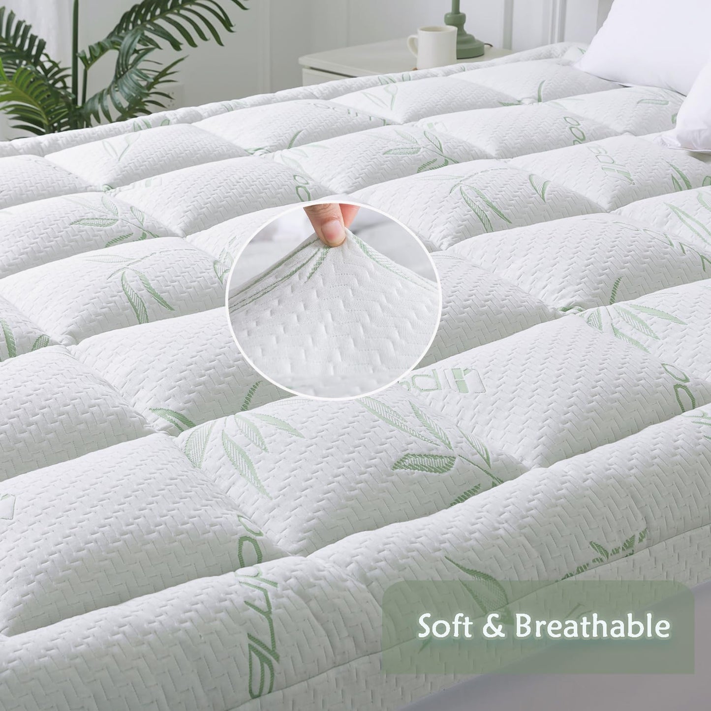 WhatsBedding Queen Mattress Topper, Soft Pillow Top Mattress Topper with Deep Pocket Fits 8–21 Inch,7D Spiral Fiber Filling, Bamboo Viscose Air Layer Mattress Topper Queen.