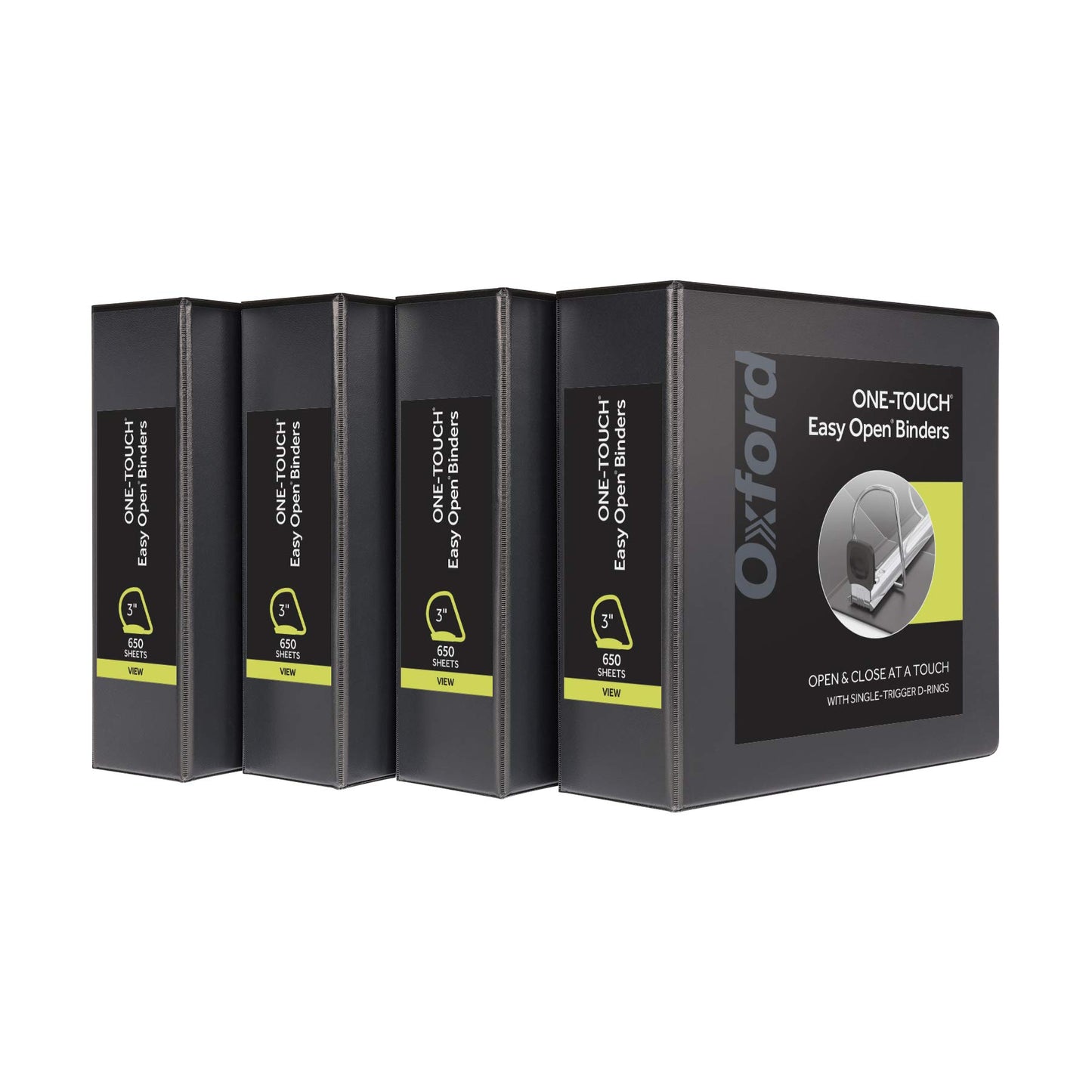 Oxford 3 Ring Binders, Binders for School and Office, 3 Inch ONE-Touch Easy Open D Rings, 3-Sided View Binder Covers, Xtralife Hinge, Non-Stick, PVC-Free, Black, 650-Sheet Capacity, 4 Pack (79914)