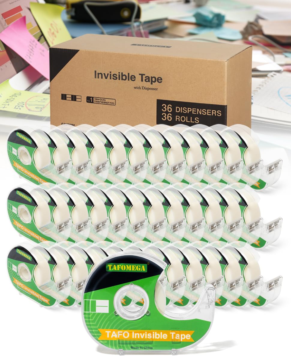 Tafomega Invisible Clear Tape Bulk Rolls,36 Packs Gift Wrapping Tape for School Office Craft Job with Dispenser Frosted Writable-7/10 X 1000 Inches