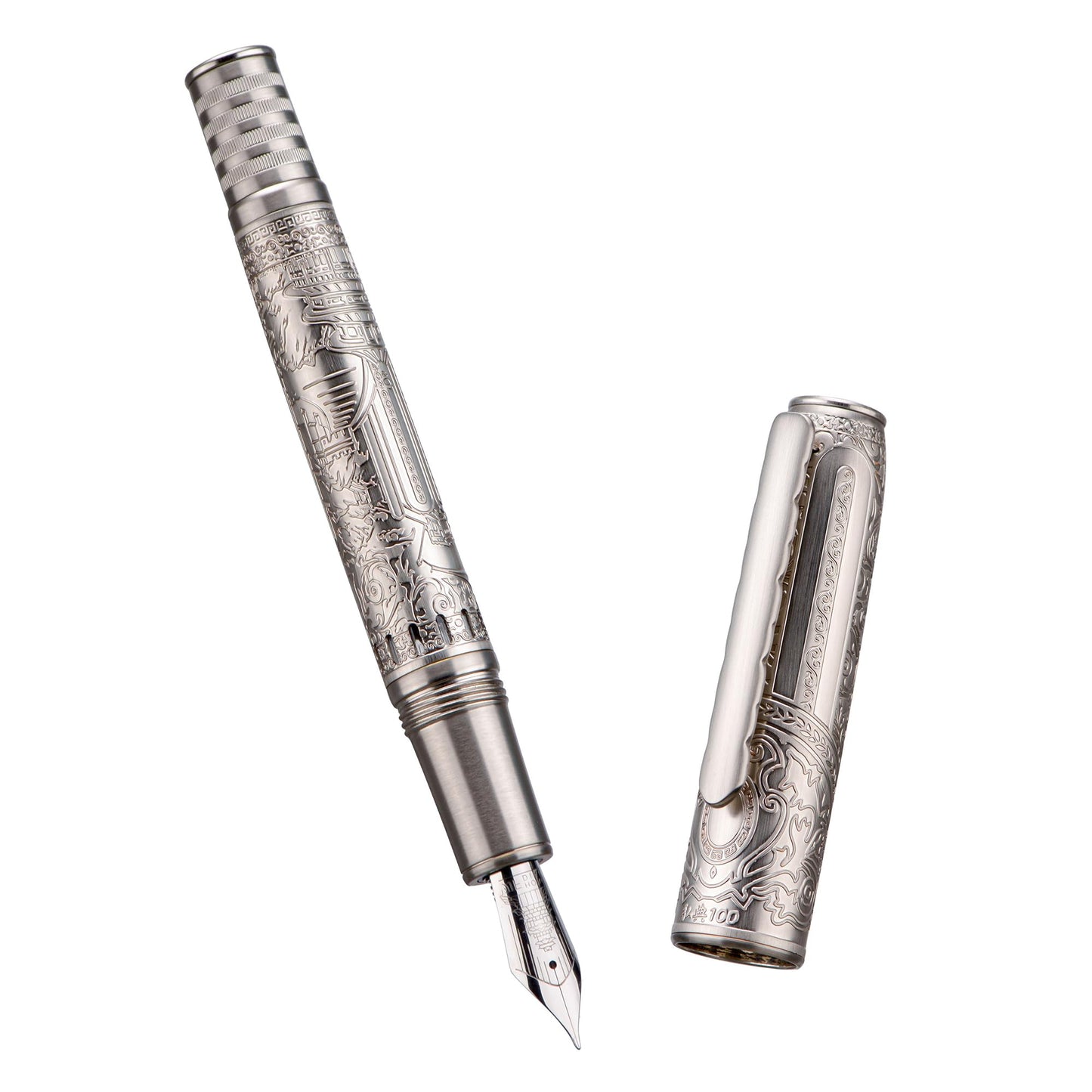 Hongdian 100 Silver Steel Piston Fountain Pen, Iridium Long Blade Fine Nib Calligraphy, Smooth Writing Pens, Nice Writing Pen for Men & Women