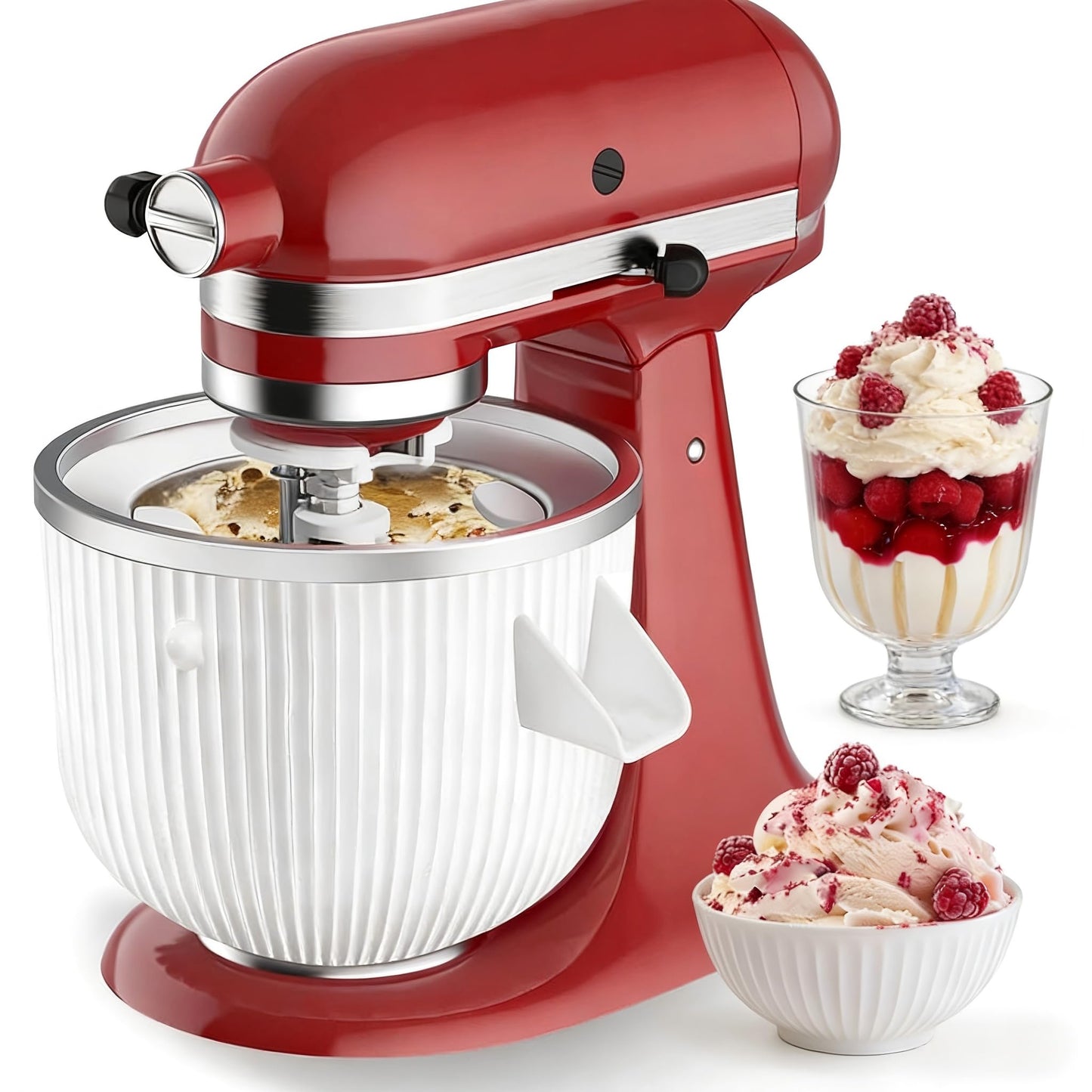 Ice Cream Maker Attachment for KitchenAid, Ice Cream Bowl Fits KitchenAid 4.5/5QT & 6QT Mixers, Frozen Ice Cream & Sorbet Gelato Maker, 2 Quart, White