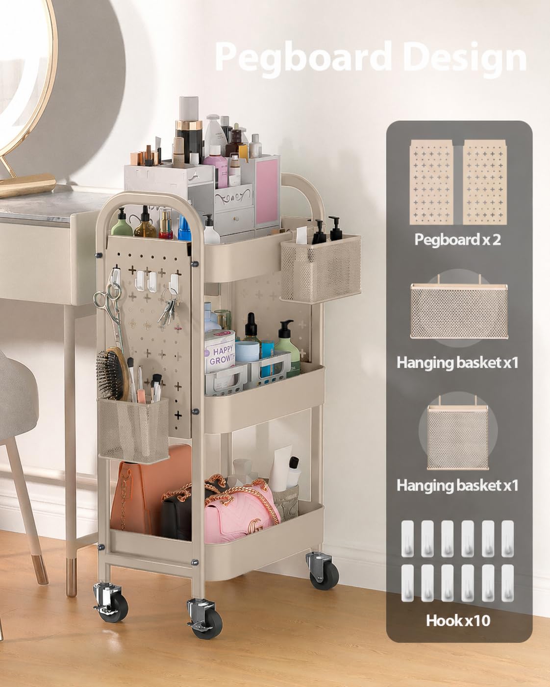 ALVOROG 3 Tier Rolling Cart with DIY Pegboards Metal Utility Cart with Wheels Handles Baskets Hooks, Craft Cart for Office Kitchen Bathroom(Khaki)