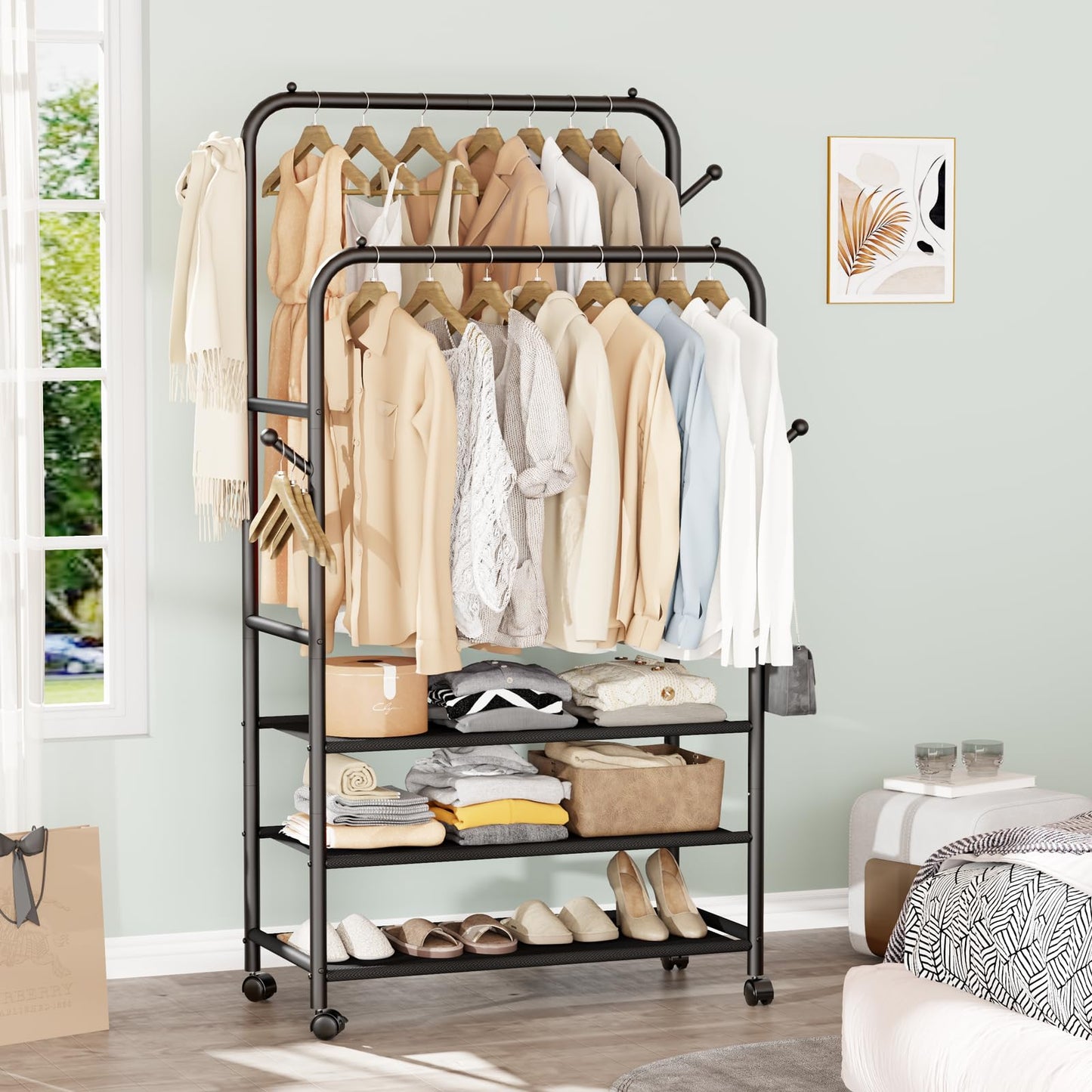 Furologee Clothes Racks for Hanging Clothes, Double Rods Clothing Rack with 3-Tier Storage Shelves, Rolling Garment Wardrobe with Wheels, Portable Free Standing Closet for Bedroom, Laundry Room, Black