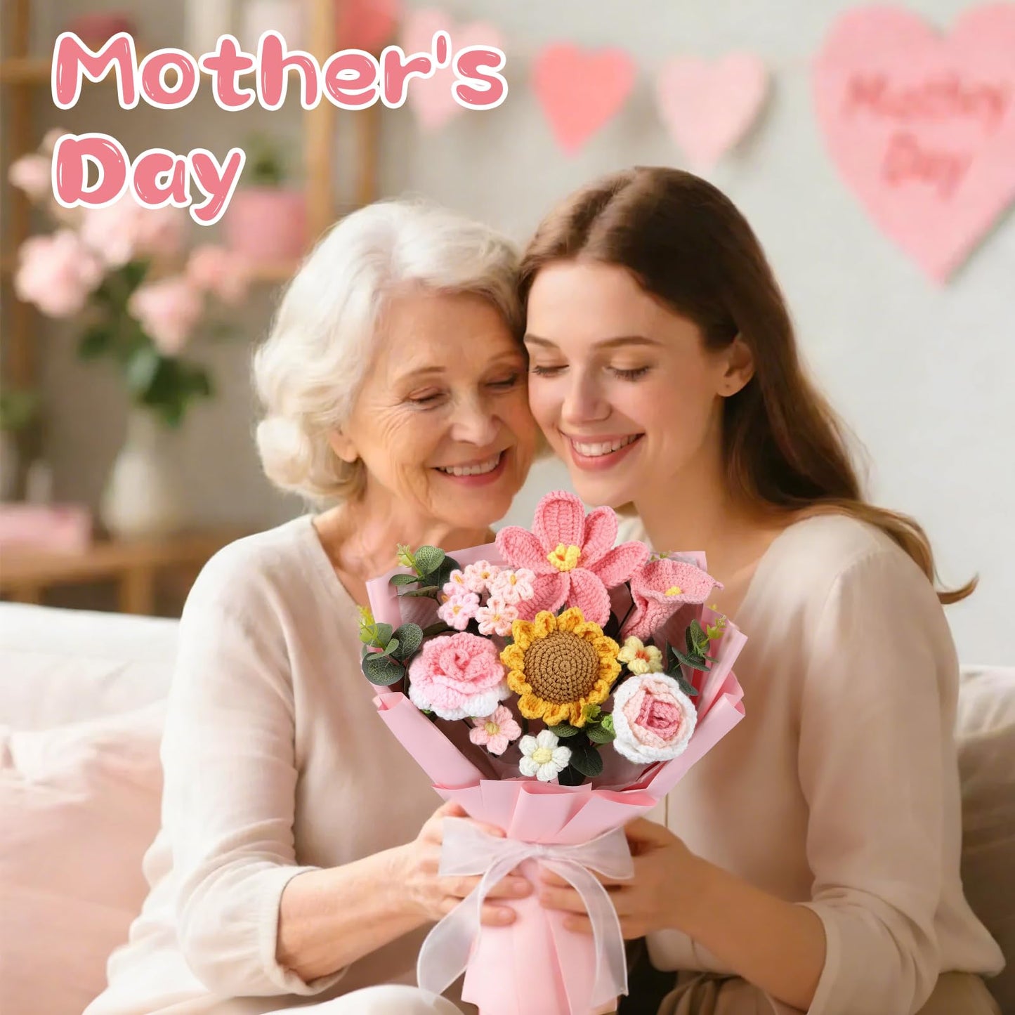 Crocheted Bouquet, Handmade Knitted Flowers，Tulips, Sunflowers Roses Crochet Flowers Suitable for Valentine's Day Teacher's Day Anniversary Birthday Parties Mother's Day Graduation Gifts (Pink)