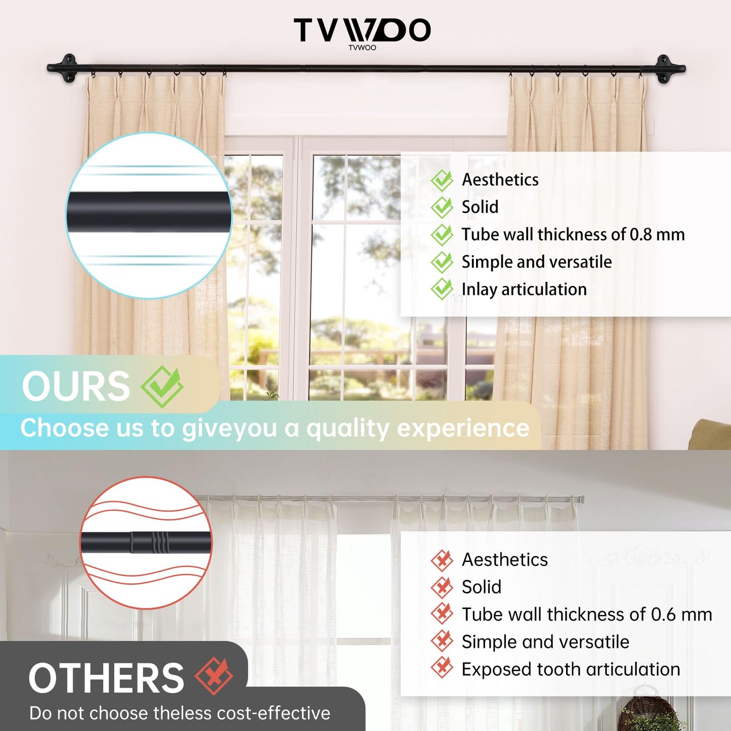 TVWOO 2 Pack Wrap Around Curtain Rods, 28 to 48 Inch, 5/8 Inch Adjustable Blackout Curtain Rod Set, Room Darkening Window Rod, Metal Thicken Hidden Curved Drapery Rod, Matte Black