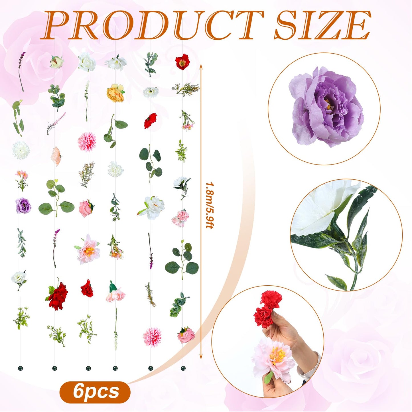 XunYee 6 Pcs 35.4 ft Flower Garlands Artificial Wildflower Vines Floral Hanging Backdrop Fake Flower Garlands Faux Silk Wildflower Vine for Wedding Bridal Shower Home Garden Wall Arch Decor(Floral)