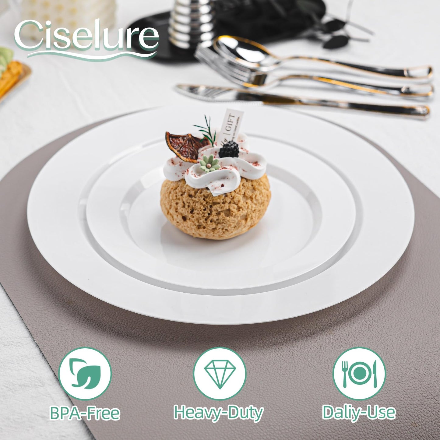 Ciselure 200PCS White Plastic Plates, Heavy Duty Plastic Plate Disposable, Include 100 Dinner and 100 Dessert Plates for Party and Wedding