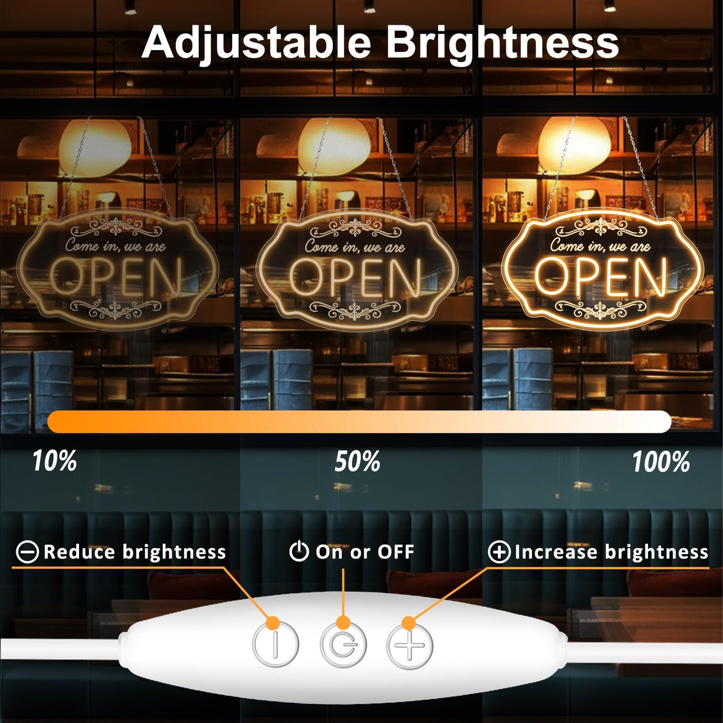 Open Sign for Business, 16.5 x 10 Inch Come In We're Open LED Neon Sign, Adjustable Brightness Warm White Window Sign for Storefront, Coffee Shop, Salon, Restaurant, Bar