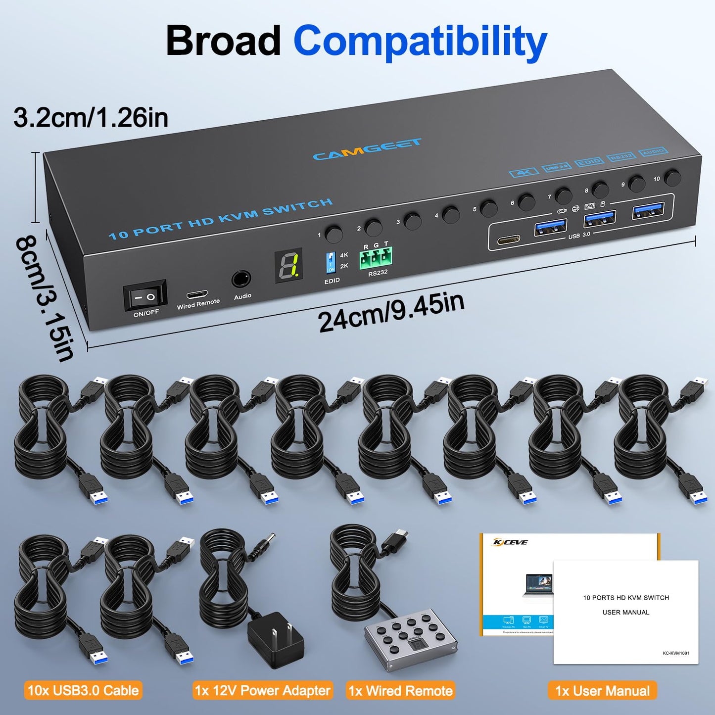 10 Port 8 Port HDMI KVM Switch 4K@60Hz EDID Simulation, USB3.0 KVM Switch HDMI for 10 Computers Share 1 Monitor and 4 USB Devices, KVM Switches with Audio RS232 Wired Remote 12V Power and USB Cable
